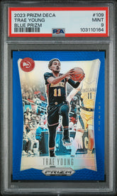 2023 Panini Prizm Deca #109 Trae Young Blue Prizm PSA 9
