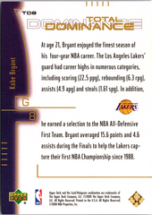 2000-01 Upper Deck - Total Dominance Kobe Bryant TD8 Los Angeles Lakers (Back)