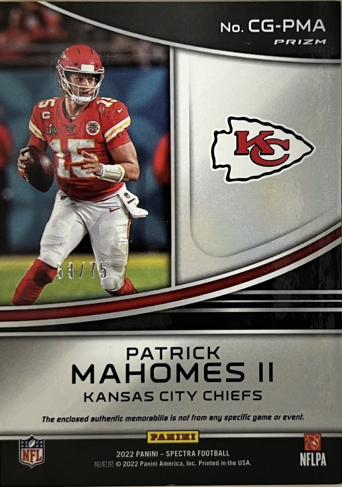 Patrick Mahomes II 2022 Panini Spectra Championship Gear Silver Prizm CG-PMA NM (Back)