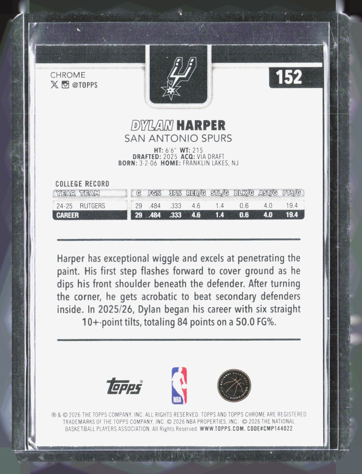 2025-26 Topps Chrome Update Dylan Harper 152 Basketball San Antonio Spurs