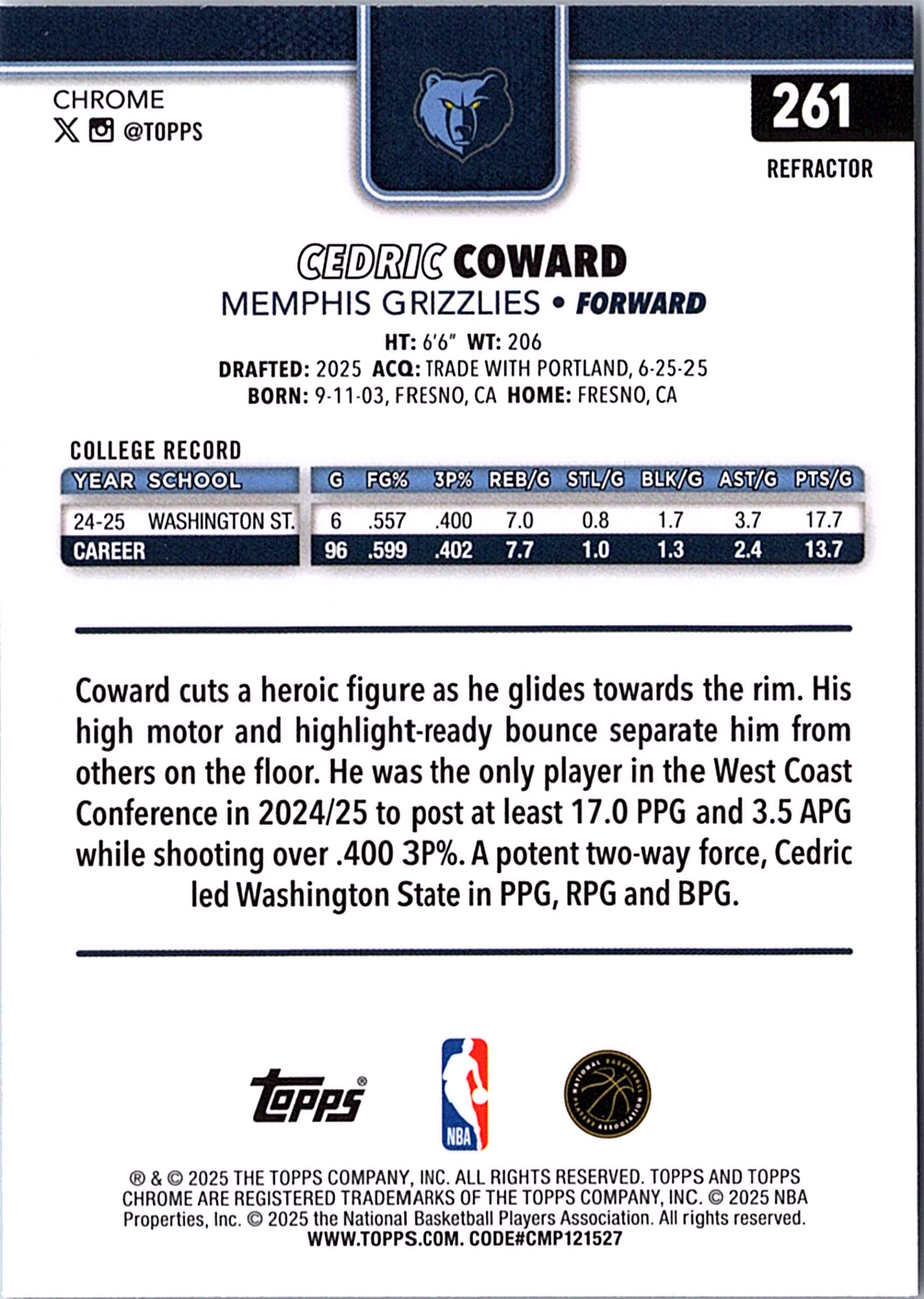 Cedric Coward Topps Chrome - Refractor 261 NM (Back)