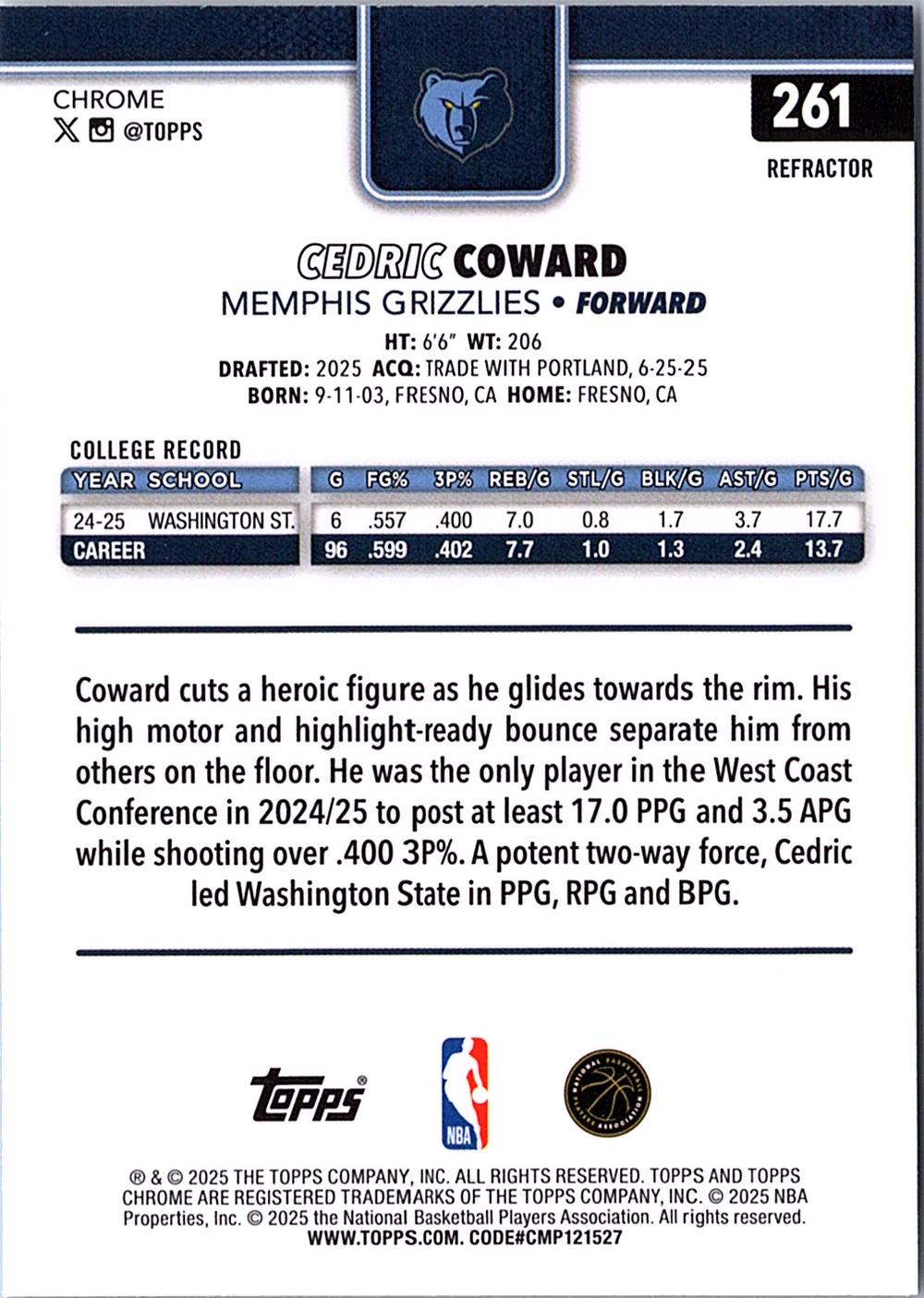 Cedric Coward Topps Chrome - Refractor 261 NM (Back)