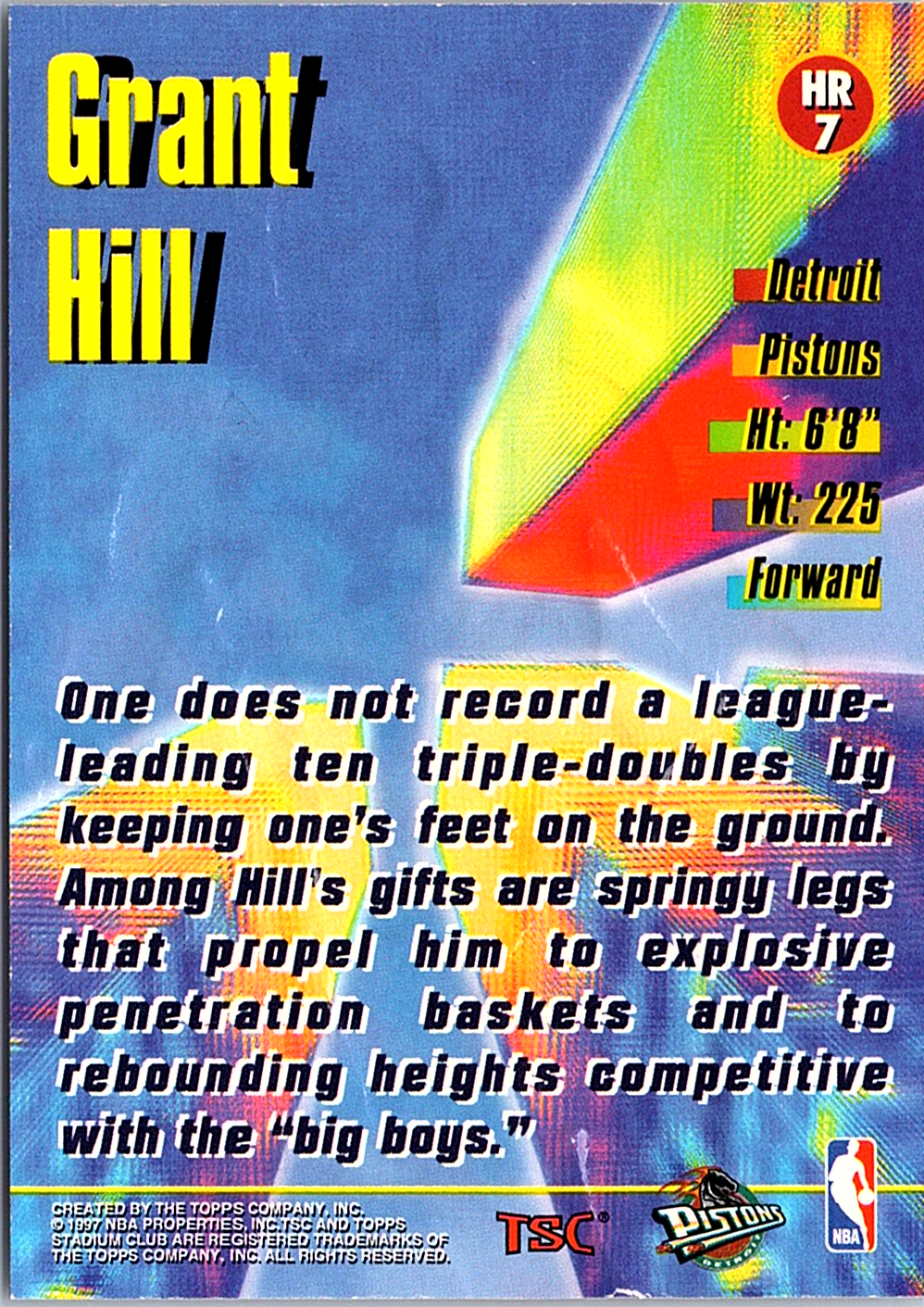 1996-97 Stadium Club - High Risers Grant Hill HR7 Basketball Detroit Pistons (Back)
