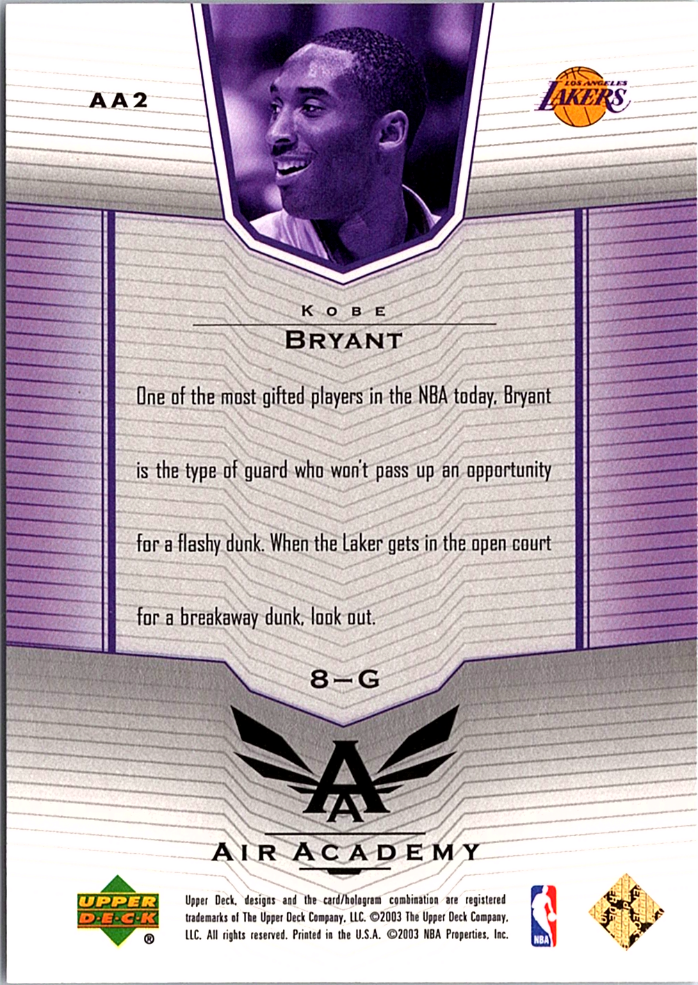 Kobe Bryant Upper Deck - Air Academy AA2 NM (Back)