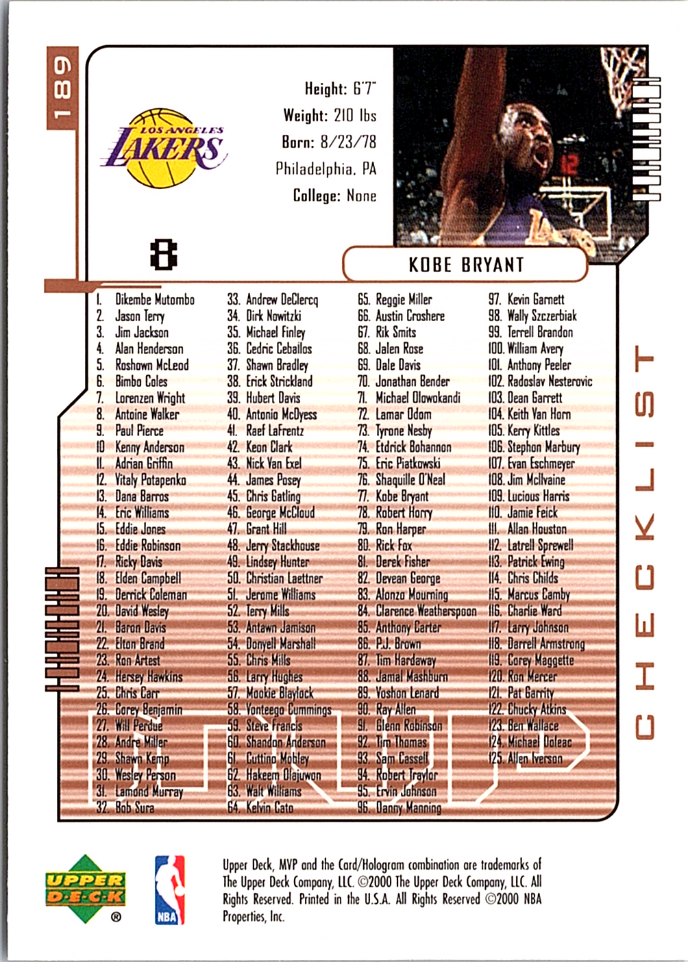Kobe Bryant Upper Deck MVP 189 NM (Back)