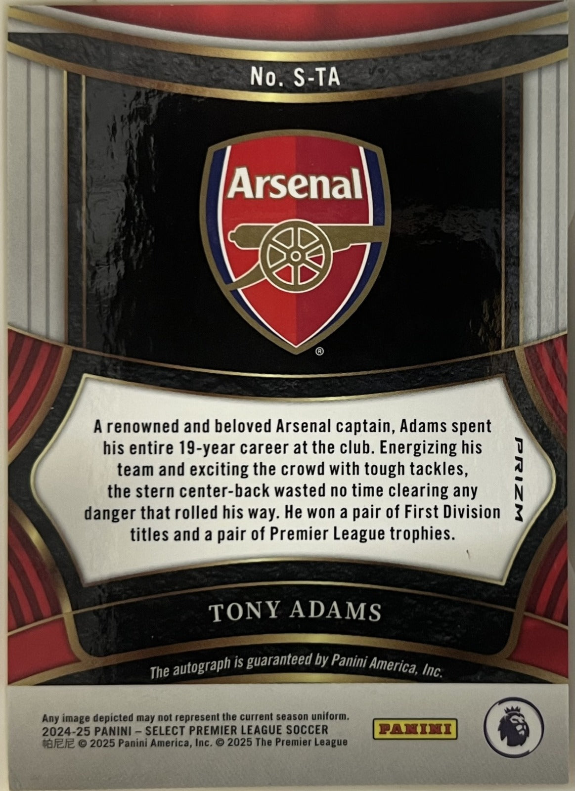 Tony Adams Panini Prizm Premier League - Signatures S-TA NM (Back)