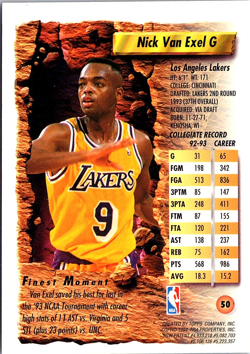 1993-94 Finest - Refractors Nick Van Exel 50 Basketball Los Angeles Lakers (Back)