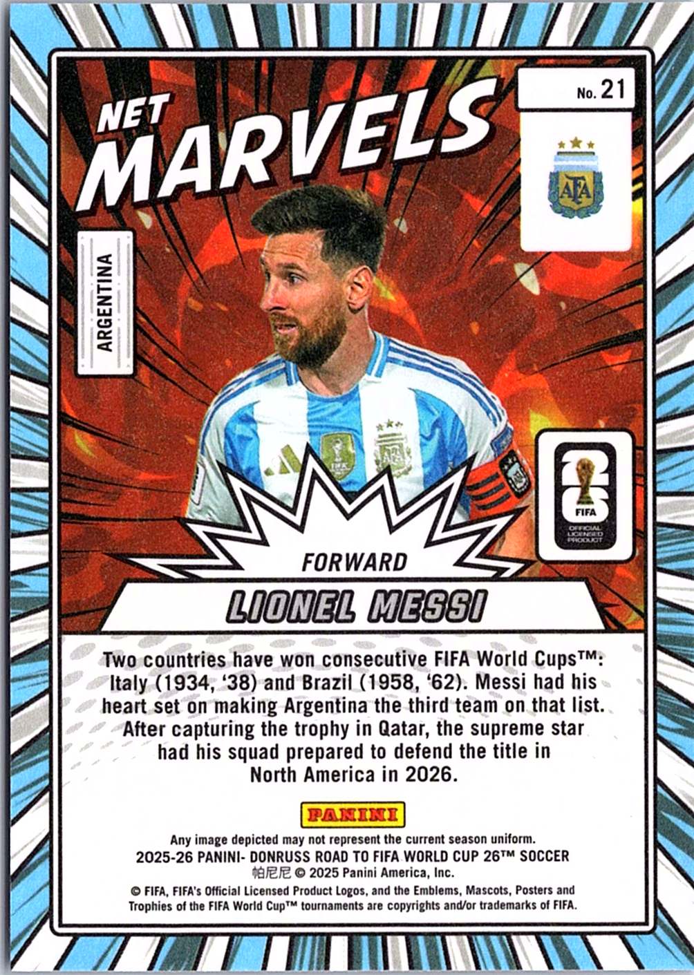 Lionel Messi Donruss Road to FIFA World Cup - Net Marvels 21 NM (Back)