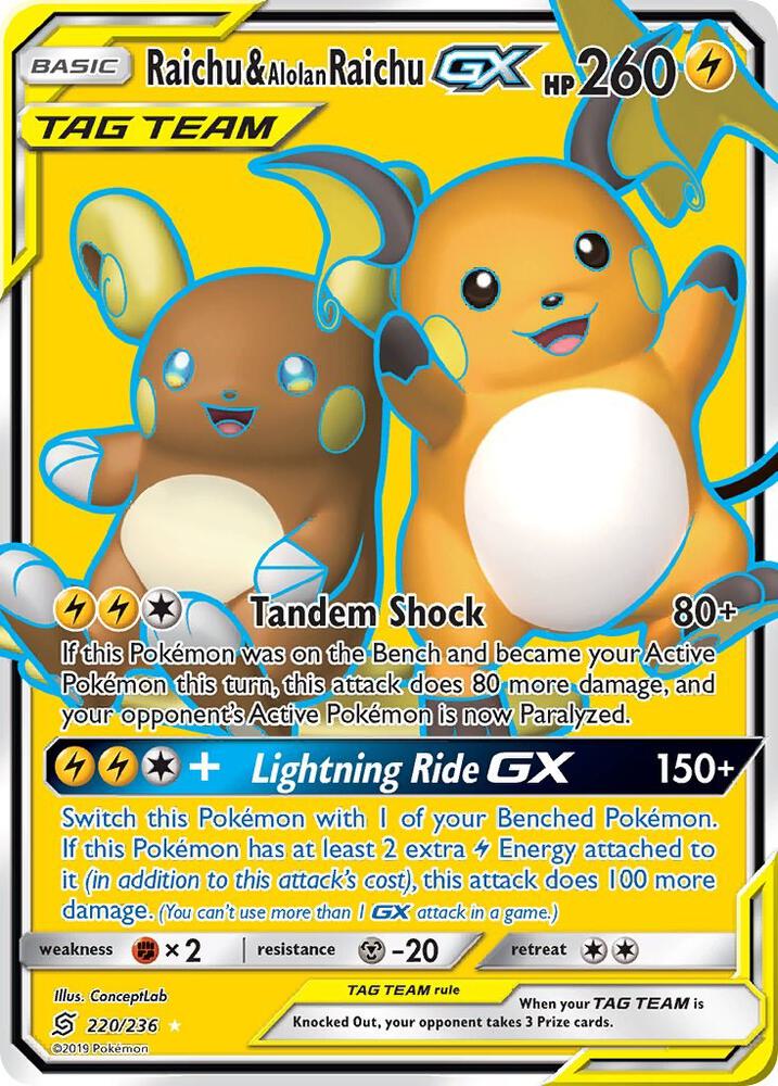 Raichu & Alolan Raichu GX (Full Art) Ultra Rare SM - Unified Minds 220/236 NM