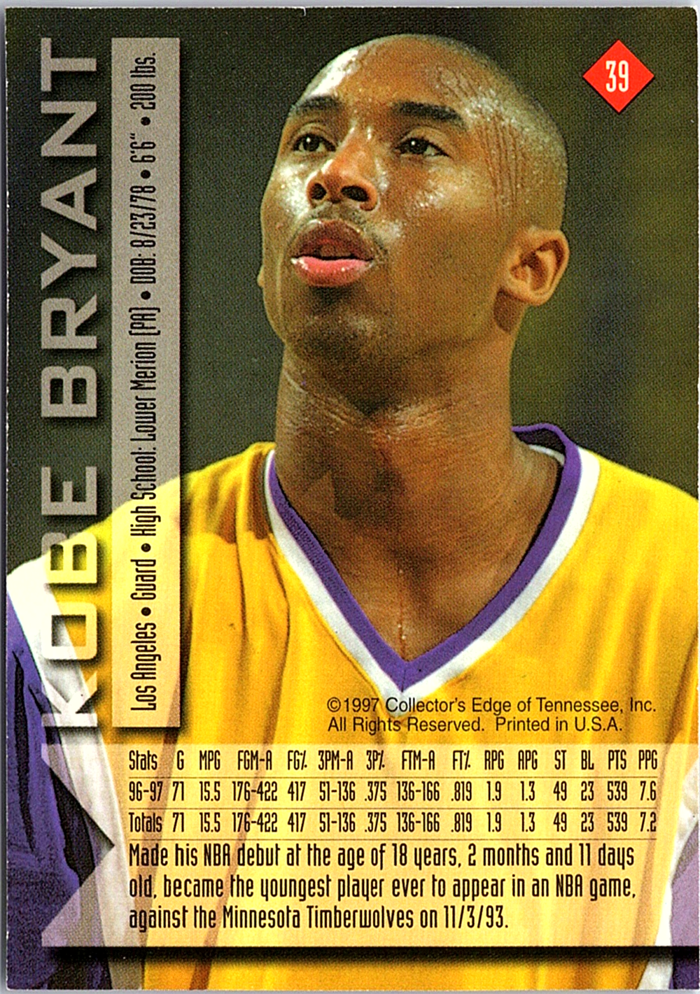 1997 Collector's Edge Impulse - Gold Kobe Bryant 39 Los Angeles Lakers (Back)