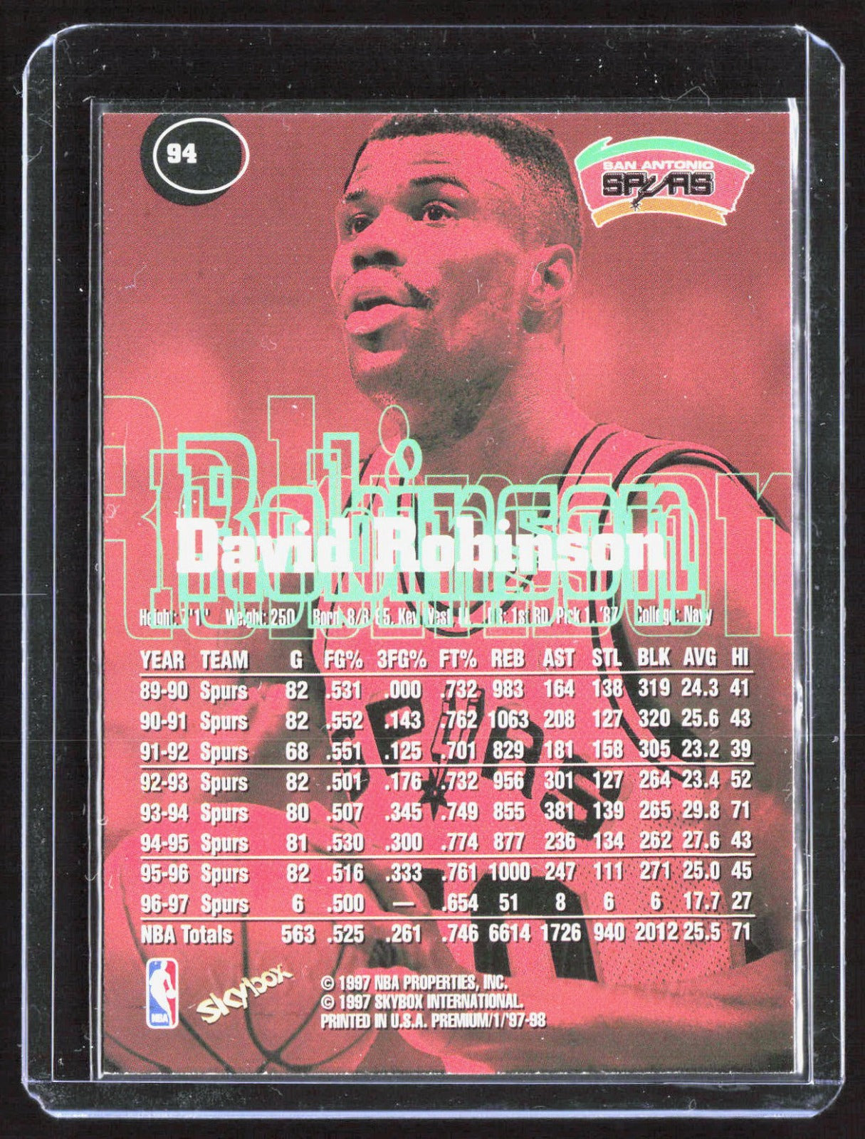1997-98 SkyBox Premium David Robinson 94 Basketball San Antonio Spurs