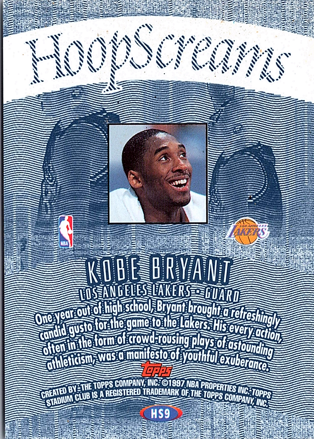 1997-98 Stadium Club - Hoop Screams Kobe Bryant Basketball Los Angeles Lakers (Back)