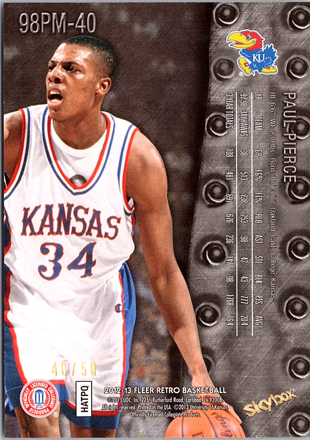 Paul Pierce Fleer Retro - 98-99 Metal Universe Precious Metal Gems 98PM-40 NM (Back)