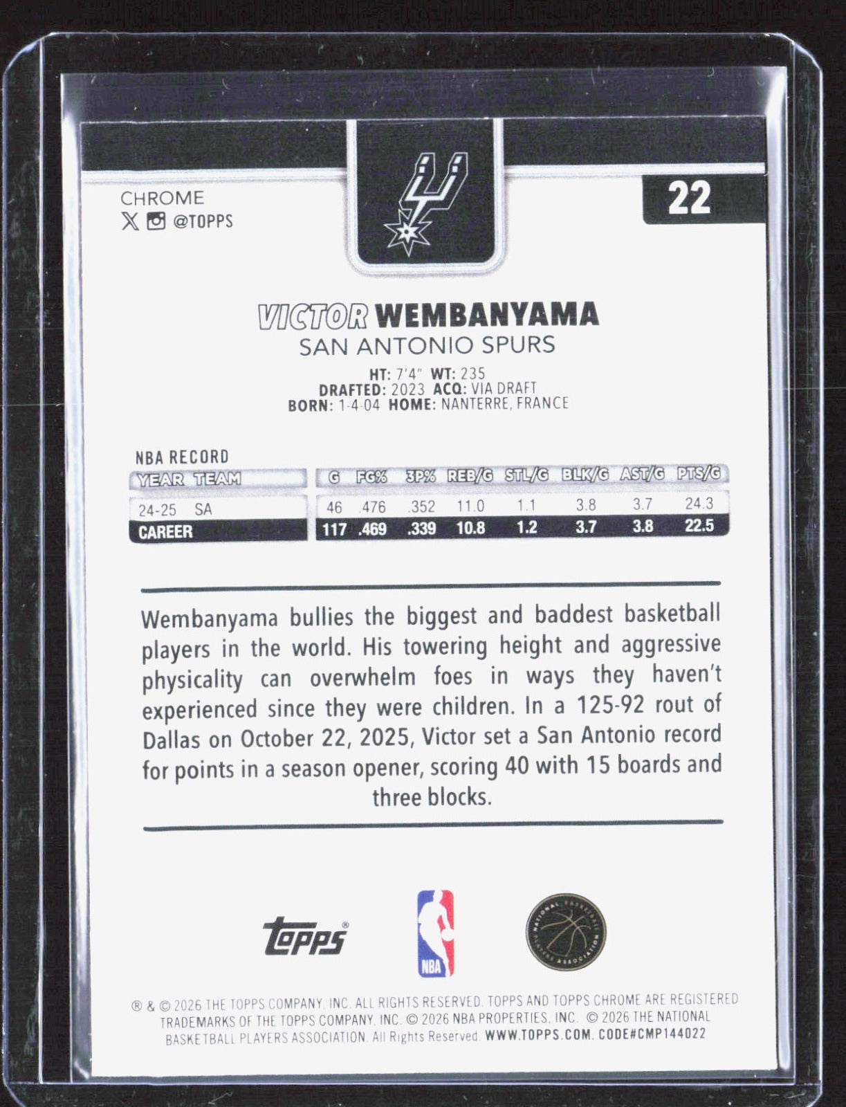 2025-26 Topps Chrome Victor Wembanyama 221 Basketball San Antonio Spurs
