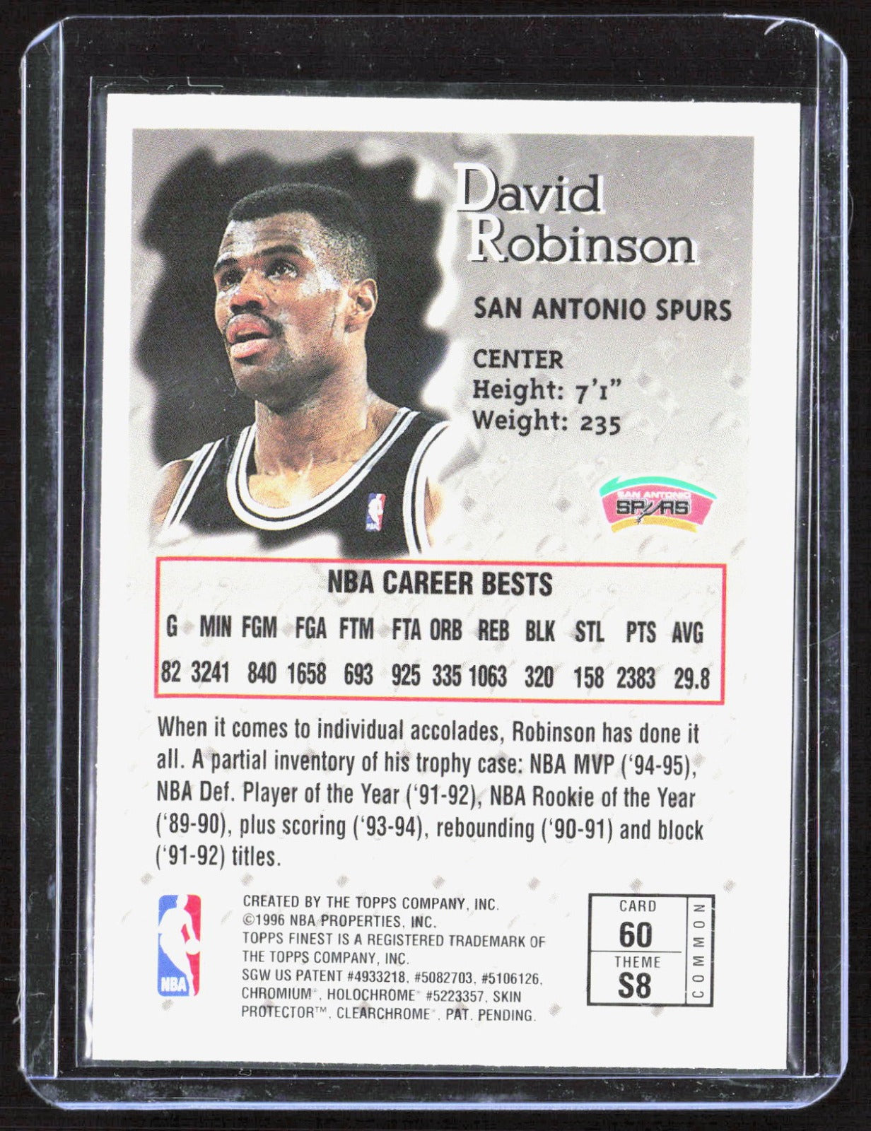 1996-97 Finest David Robinson 60 Basketball San Antonio Spurs