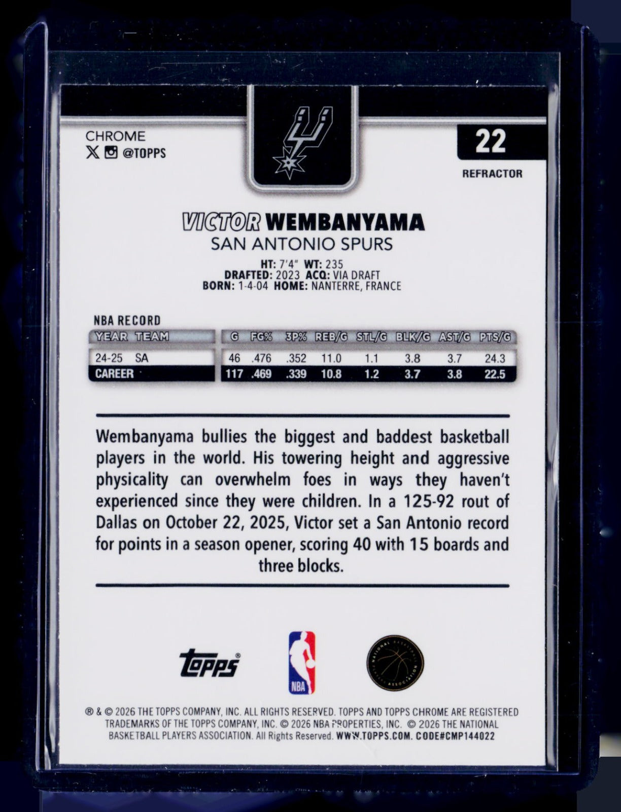 Victor Wembanyama Topps Chrome Update - Refractor 22 NM