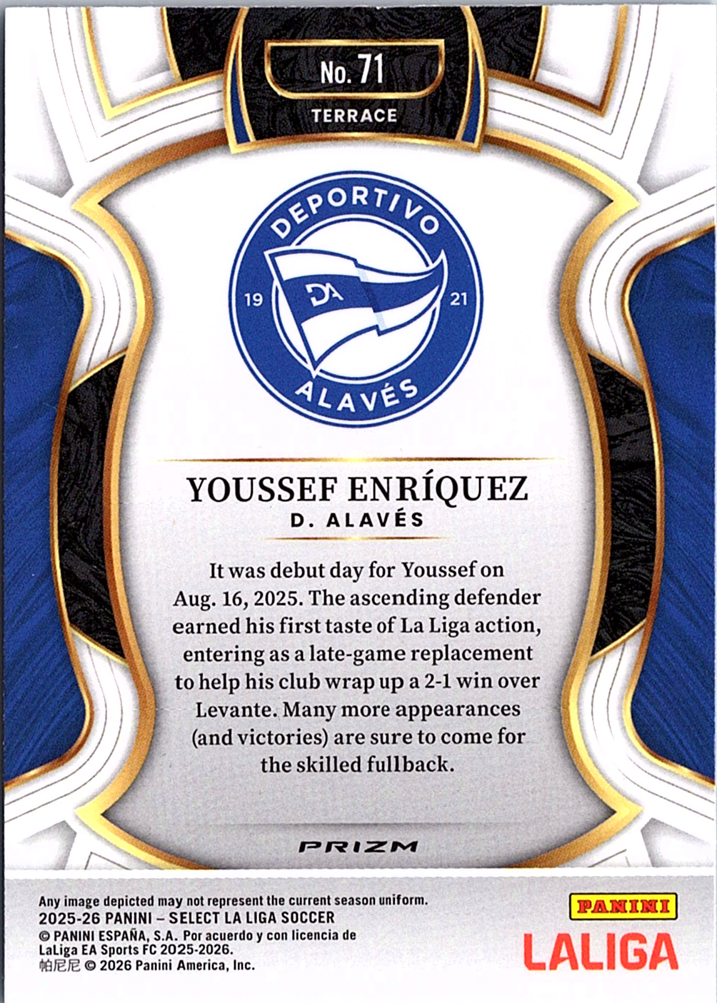 2025-26 Panini Select La Liga - Peacock Youssef Enriquez 71 Deportivo Alaves (Back)