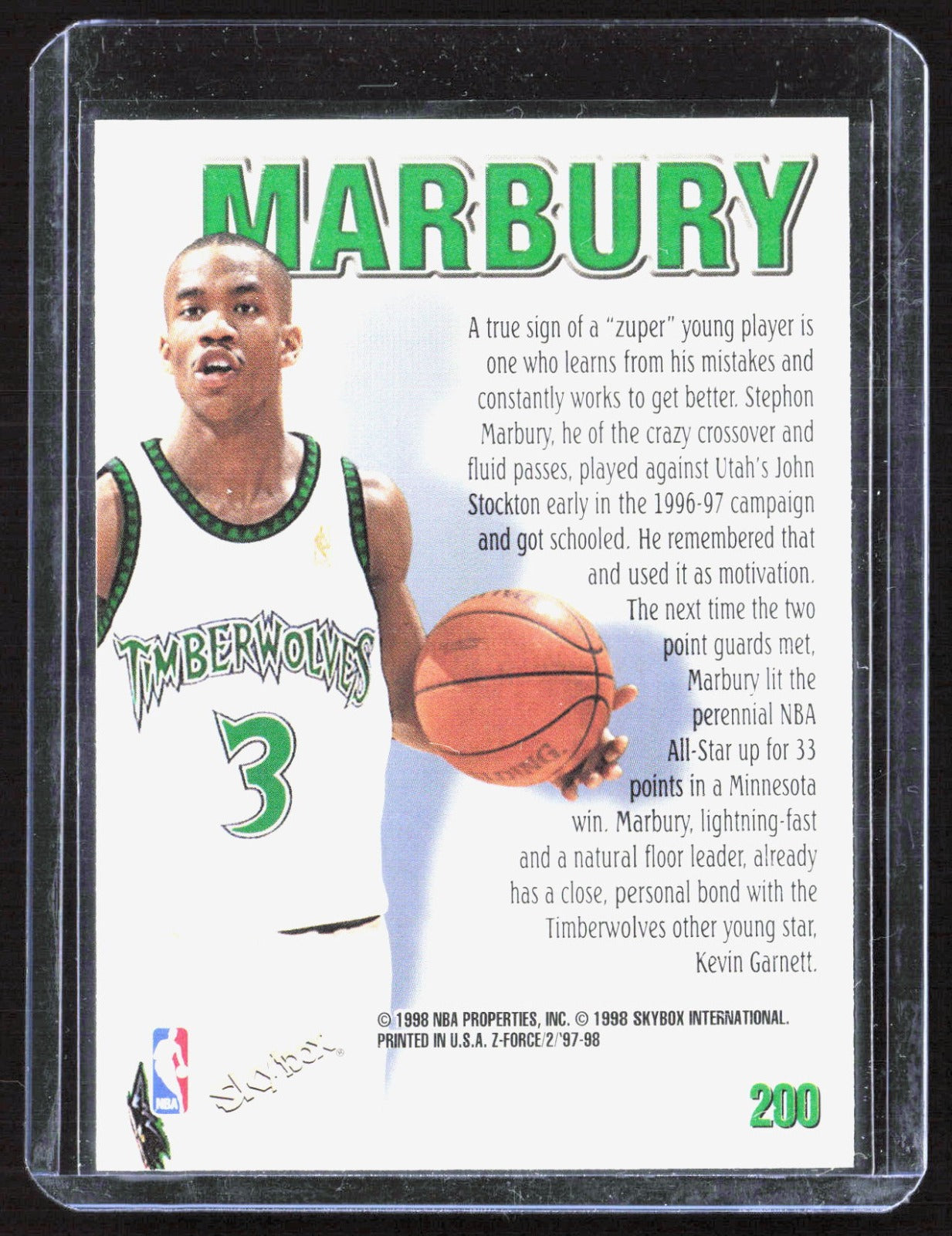 1997-98 SkyBox Z-Force Stephon Marbury 200 Basketball Minnesota Timberwolves (Back)
