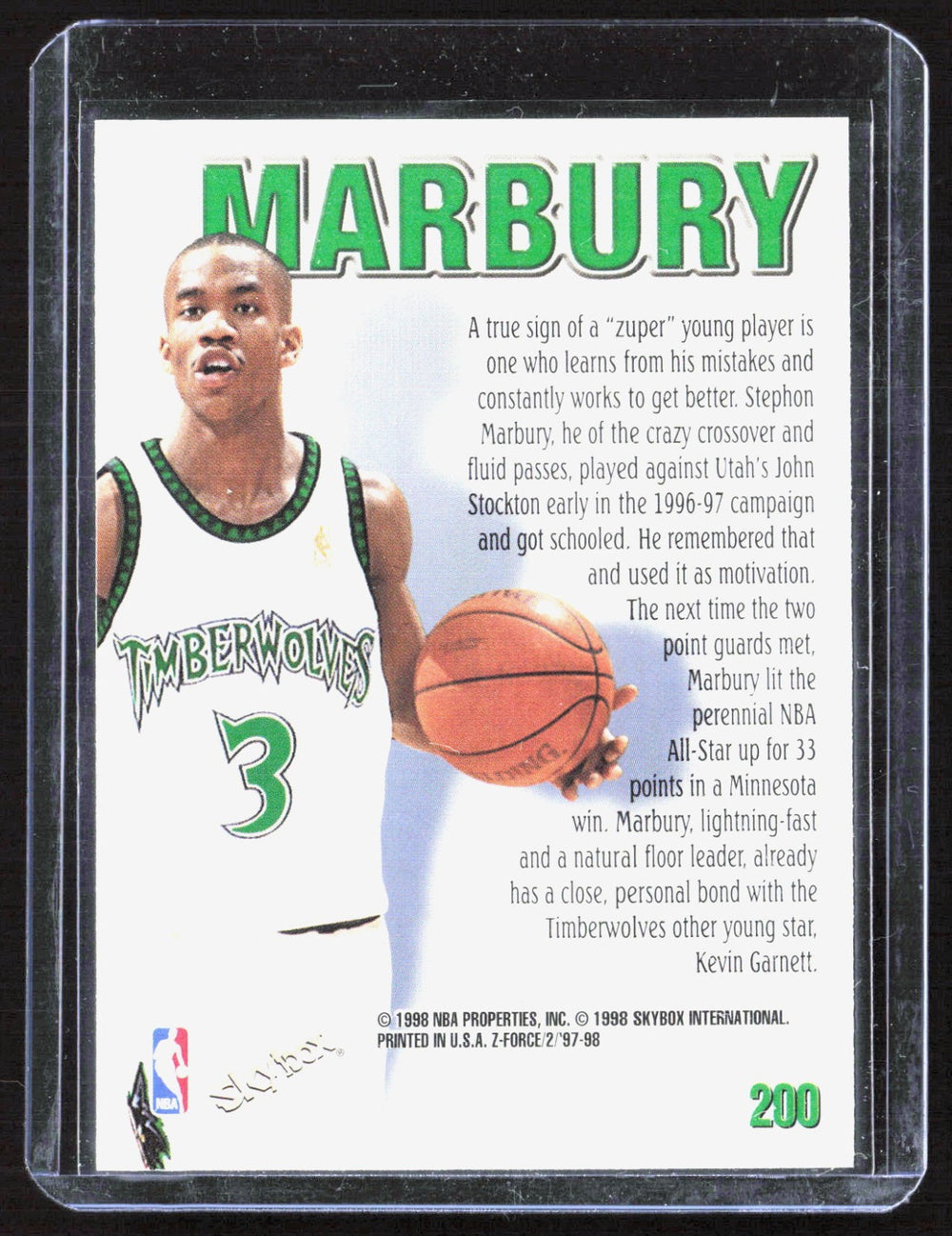 1997-98 SkyBox Z-Force Stephon Marbury 200 Basketball Minnesota Timberwolves (Back)