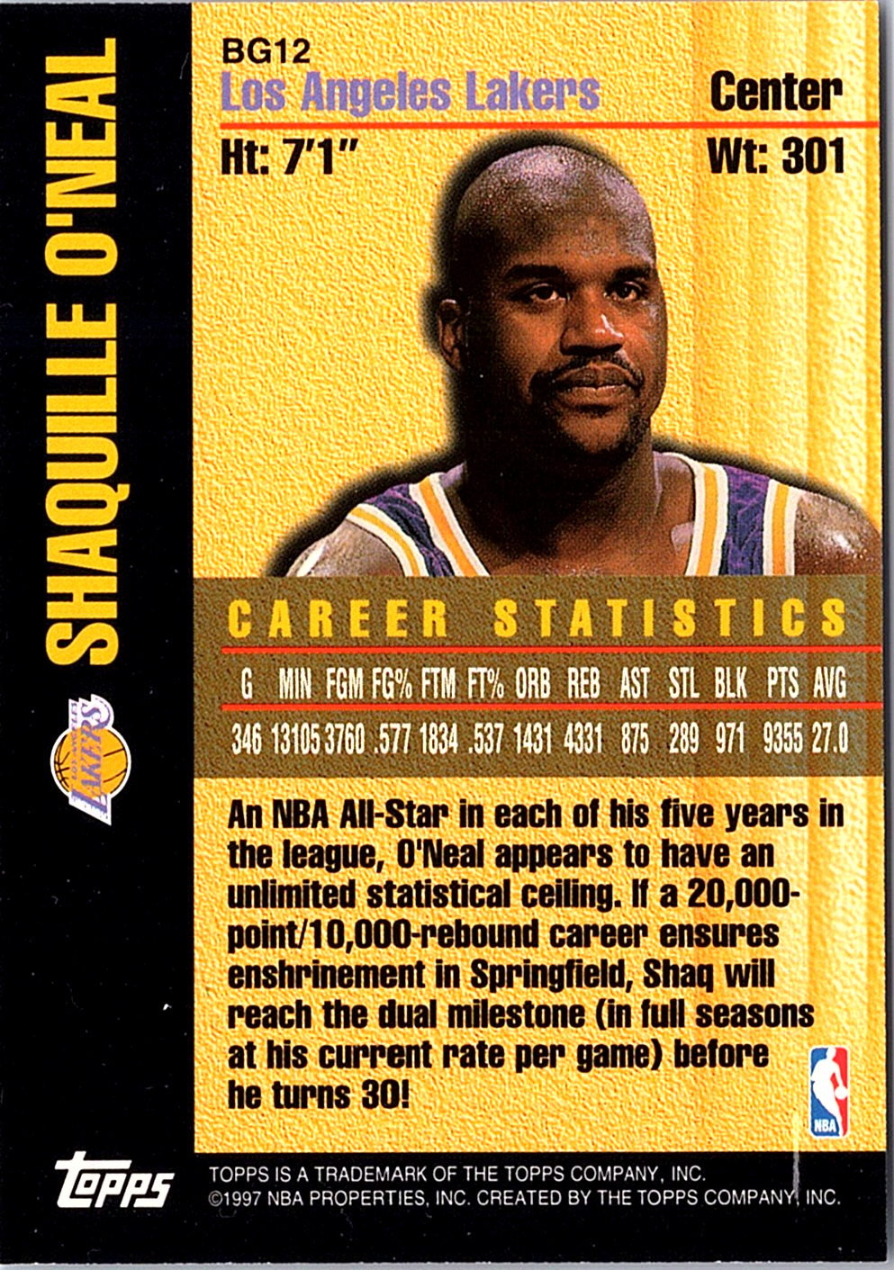 1997-98 Topps - Bound for Glory Shaquille O'Neal BG12 Los Angeles Lakers (Back)