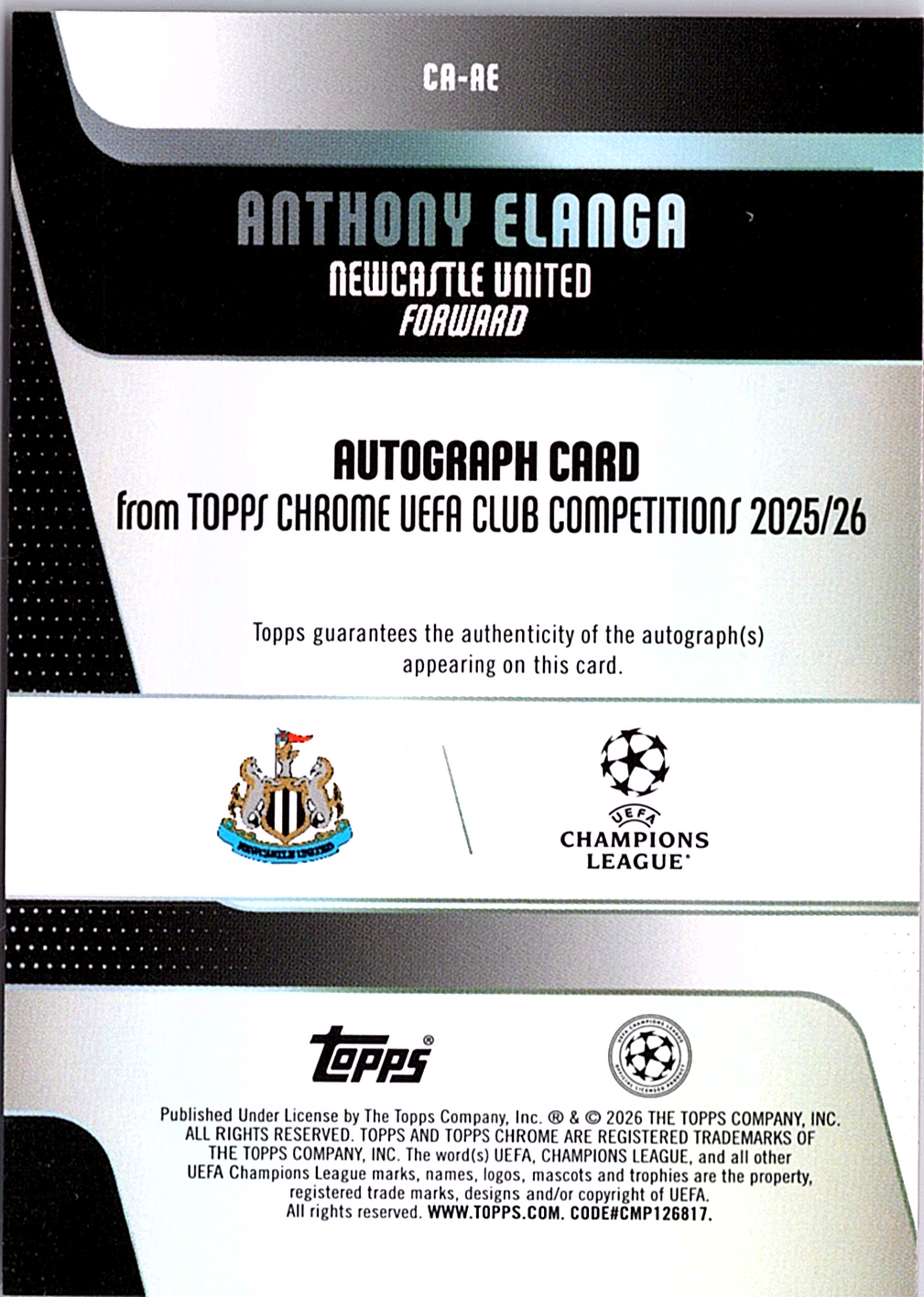 Anthony Elanga Stadium Club Chrome UEFA Champions League - Chrome Auto /25 NM (Back)