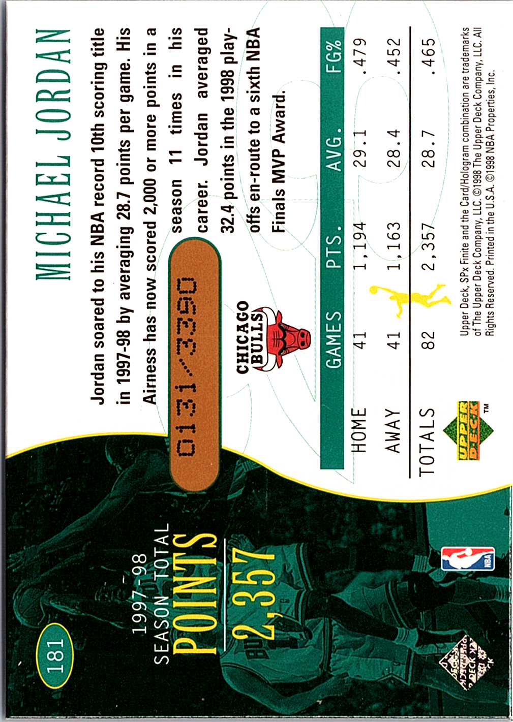 Michael Jordan SPx Finite 181 NM (Back)