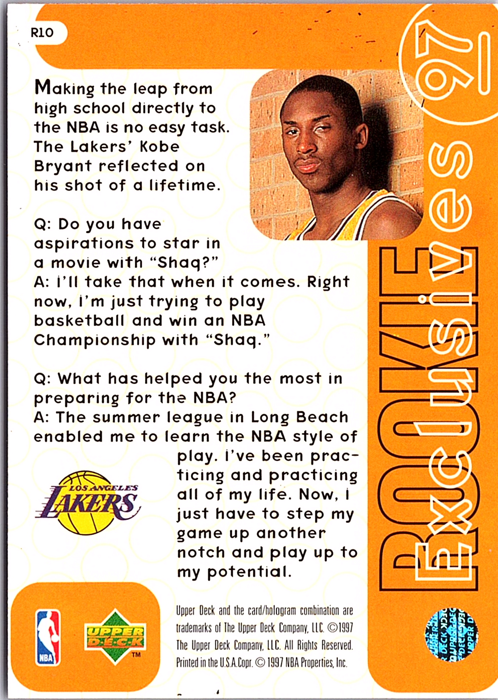 1996-97 Upper Deck - Rookie Exclusives Kobe Bryant R10 Los Angeles Lakers (Back)