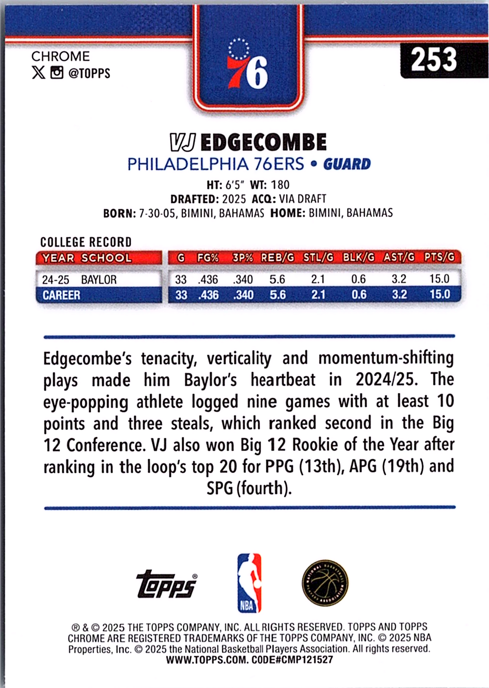 VJ Edgecombe Topps Chrome - X-Fractor 253 NM (Back)