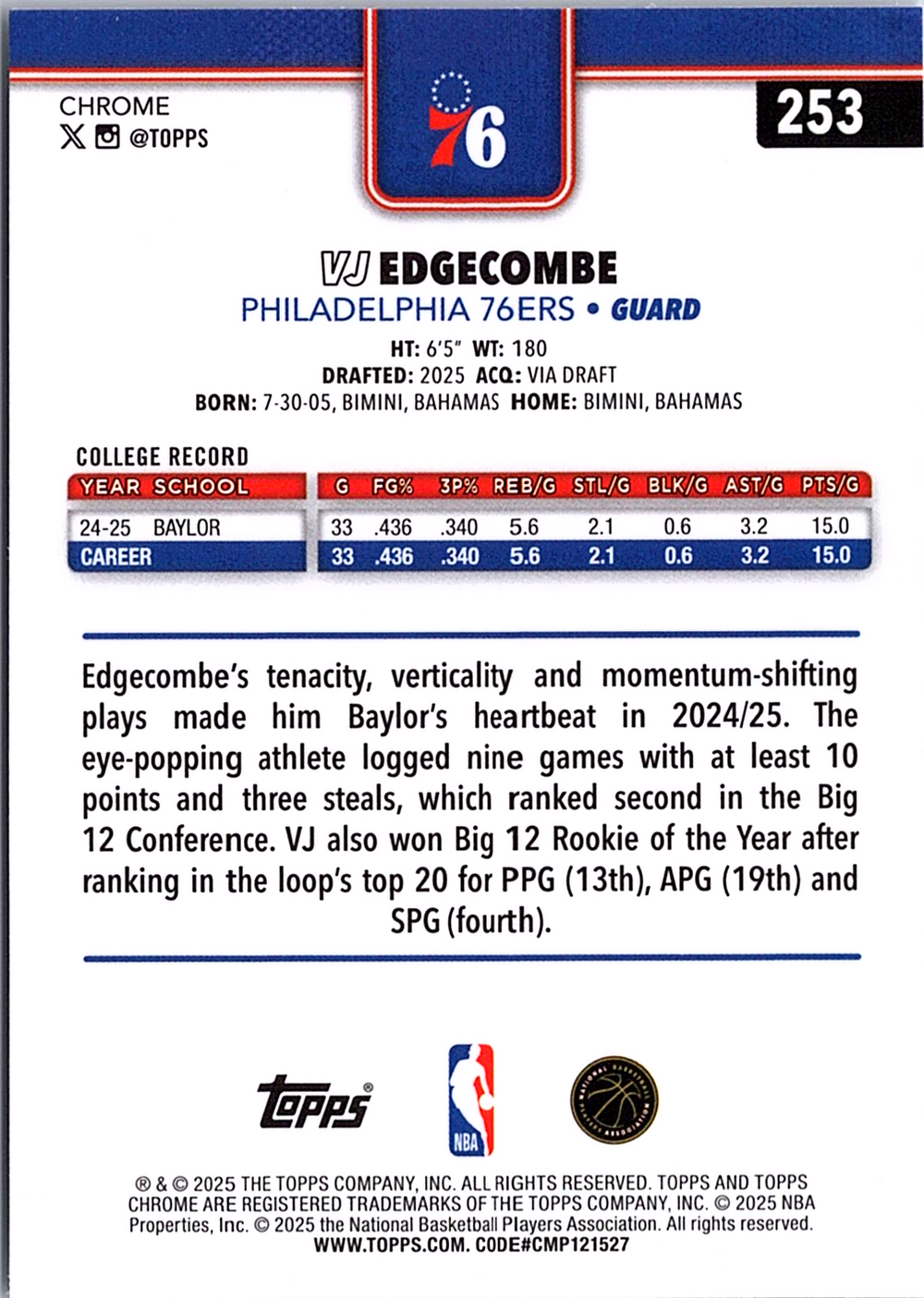 VJ Edgecombe Topps Chrome - X-Fractor 253 NM (Back)