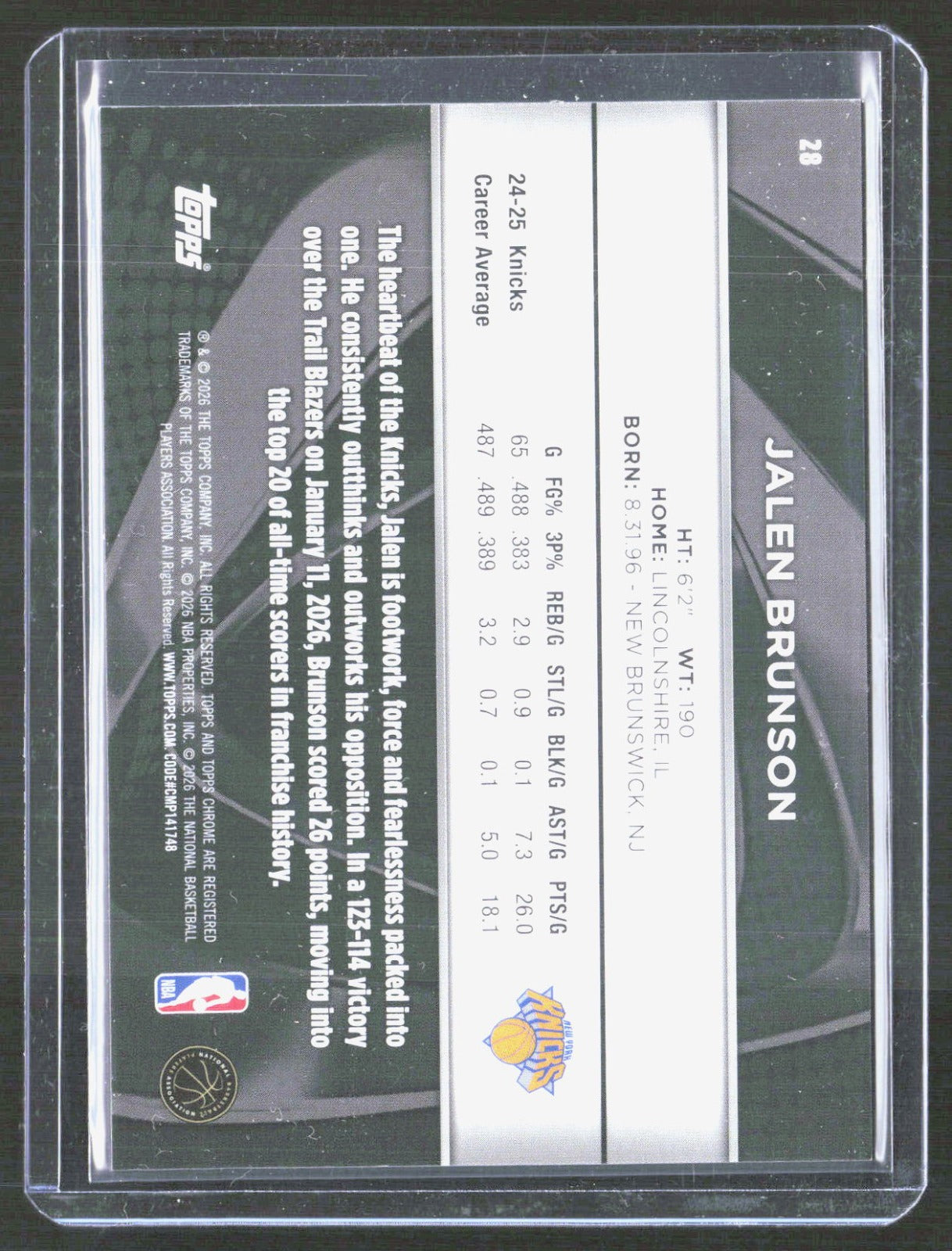 2025-26 Topps Chrome Black - Purple Refractor Jalen Brunson 28 /75   Knicks