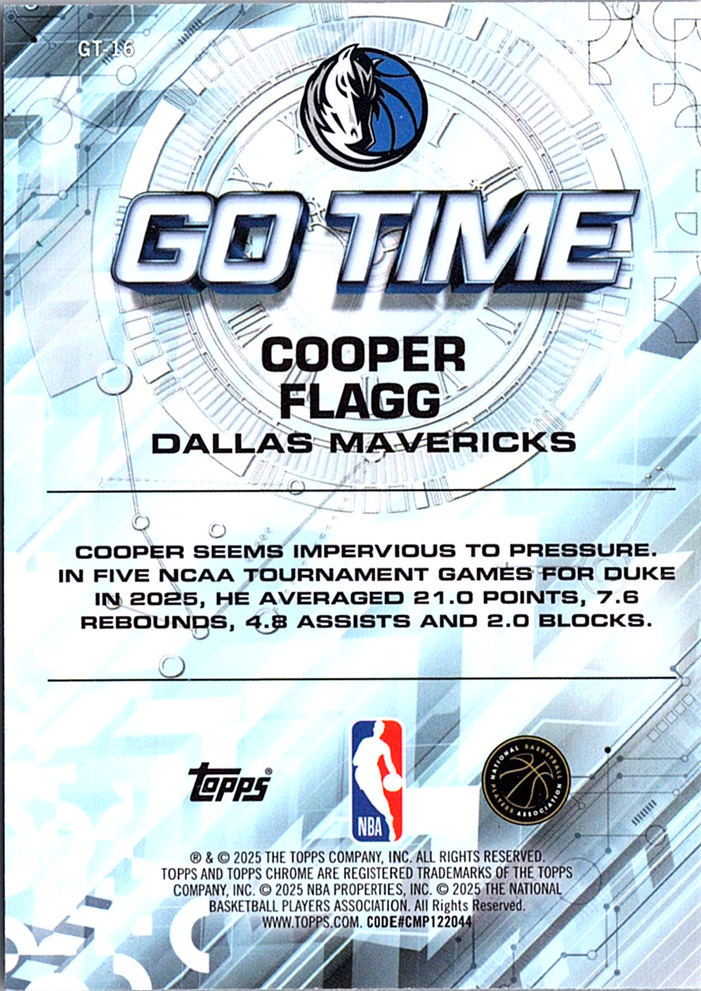 Cooper Flagg Topps Chrome - Go Time GT-16 NM (Back)
