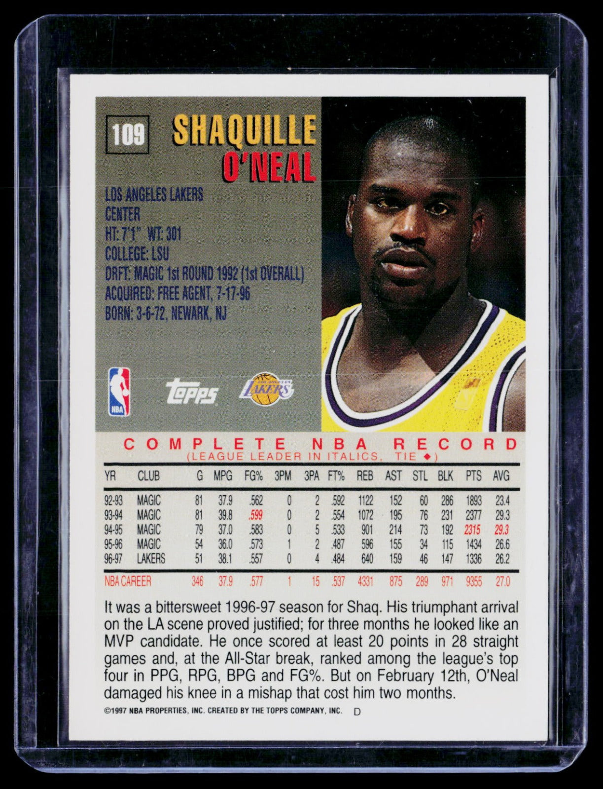 Shaquille O'Neal Topps 109 NM