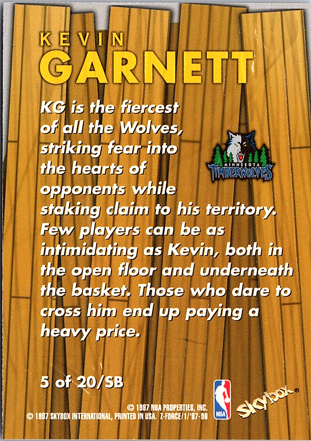 Kevin Garnett SkyBox Z-Force - Super Boss 5 /SB NM (Back)