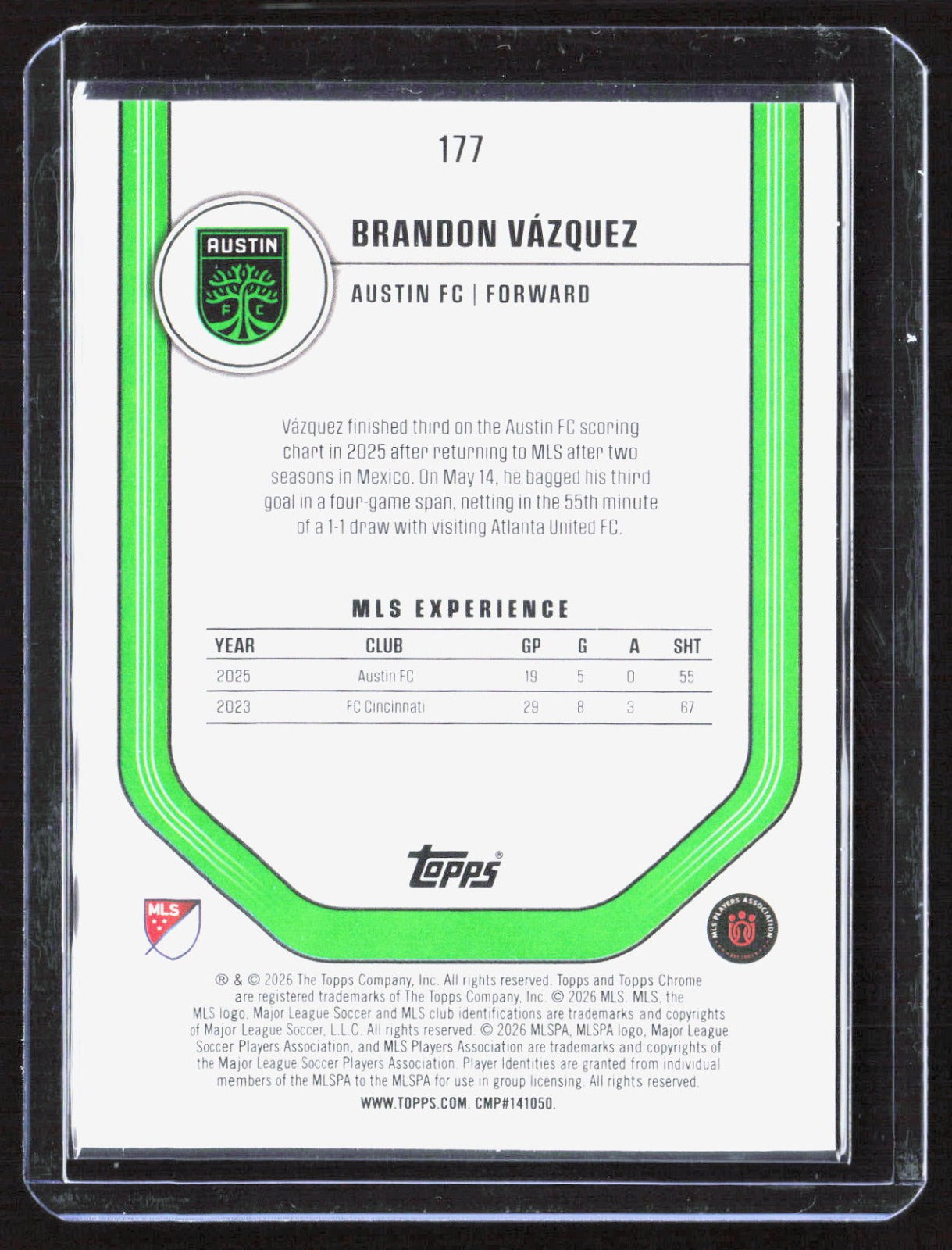 2026 Topps Chrome MLS - Aqua Refractor Brandon Vázquez 177 /199 Soccer Austin FC