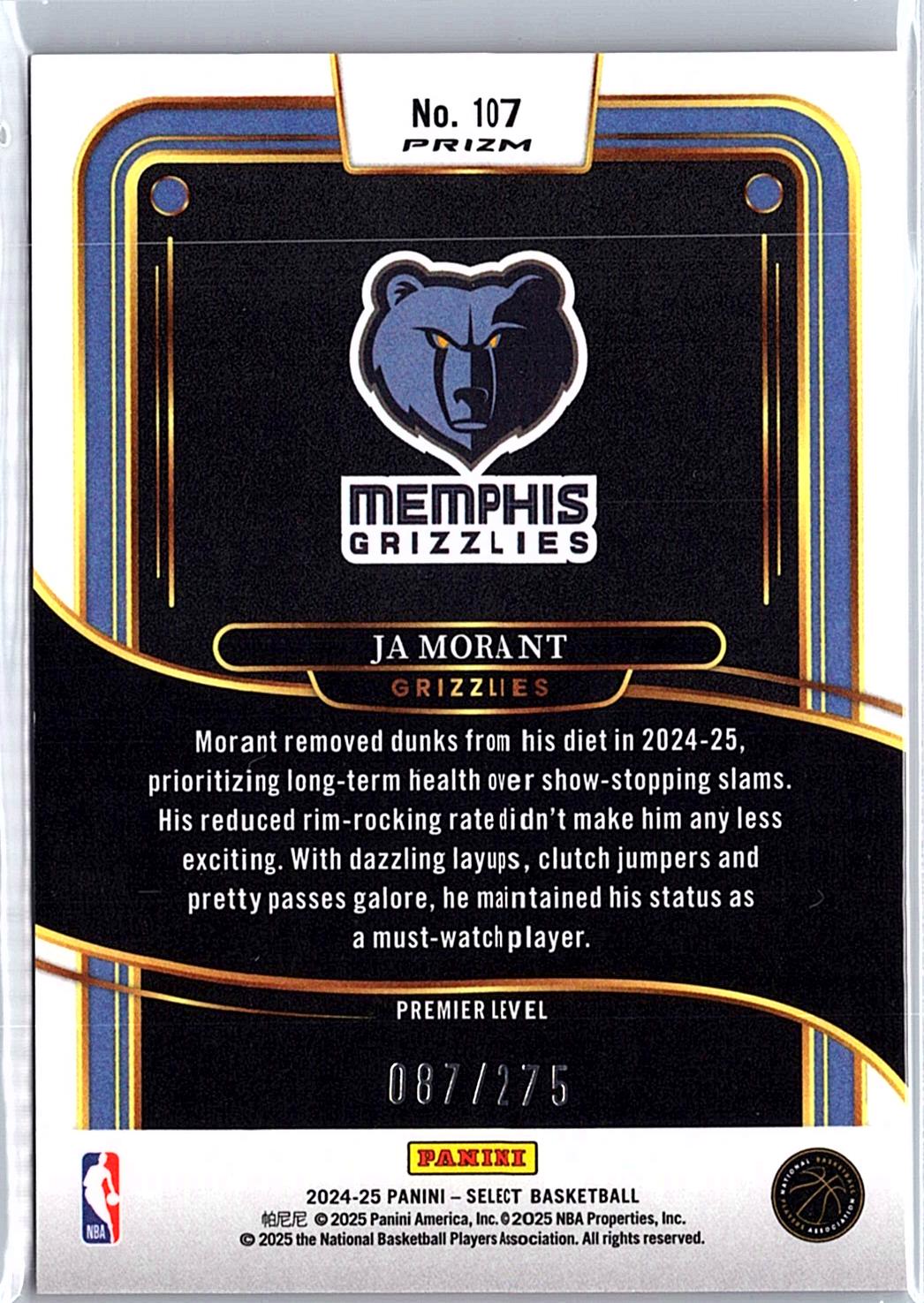 2024-25 Panini Select #60 Ja Morant Orange Cracked Ice Prizm #/275