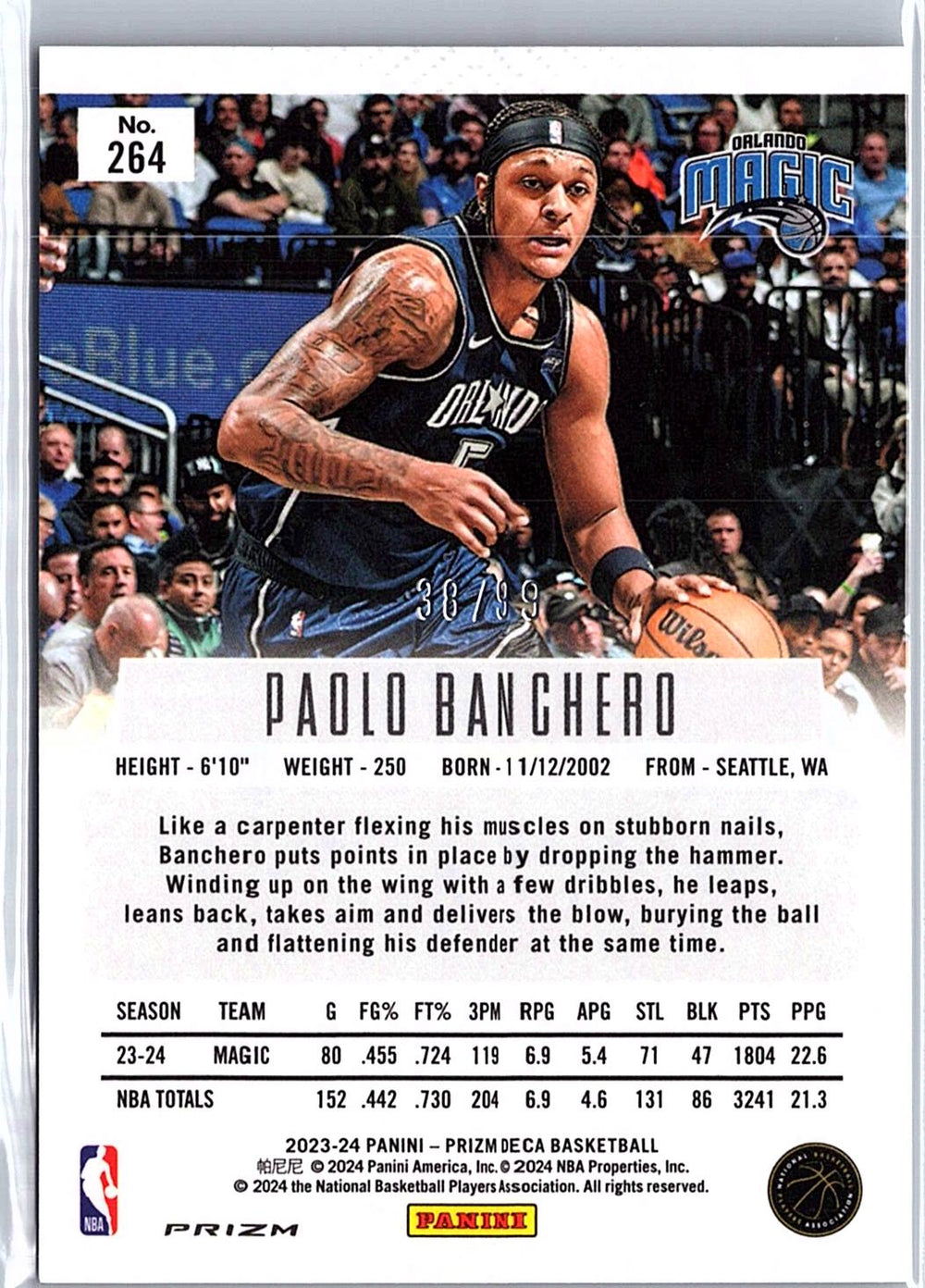 2023-24 Panini Prizm Deca #264 Paolo Banchero Prizms Purple #/99