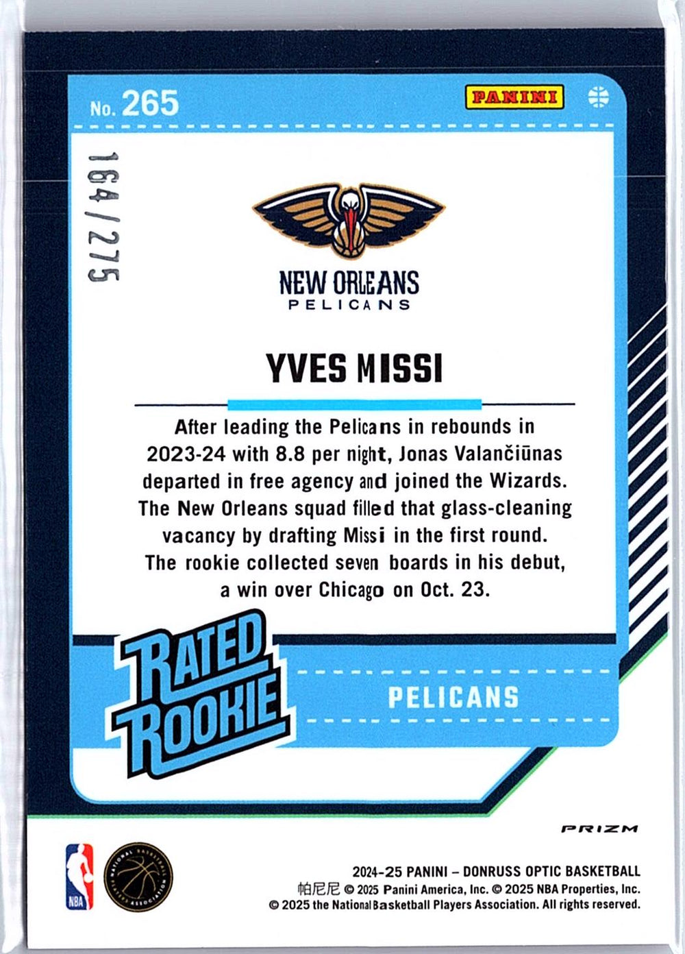 2024-25 Donruss Optic #265 Yves Missi Pink Glitter #/275
