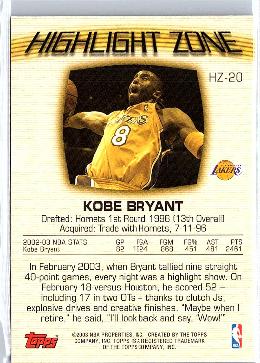 2003-04 Topps #HZ-20 Kobe Bryant Highlight Zone