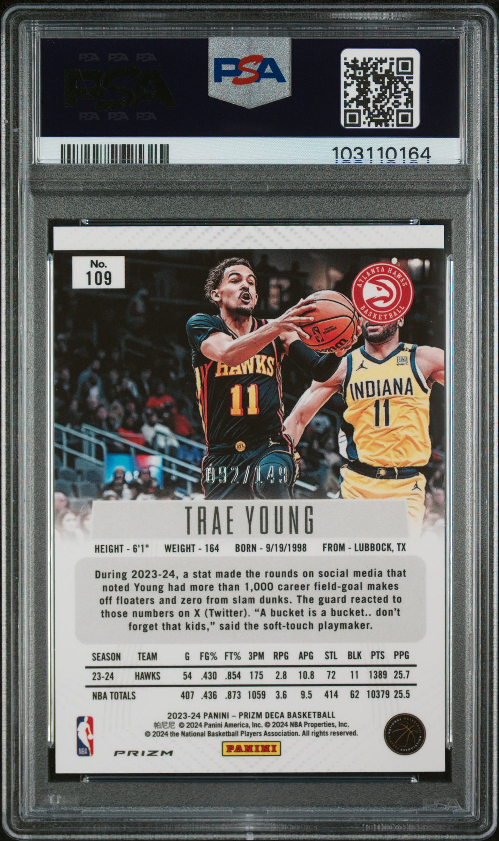 2023 Panini Prizm Deca #109 Trae Young Blue Prizm PSA 9