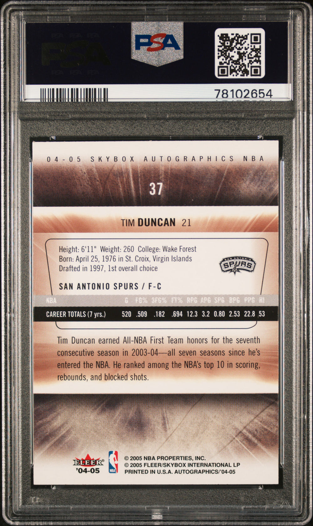 2004 Skybox Autographics #37 Tim Duncan Autographics PSA 9