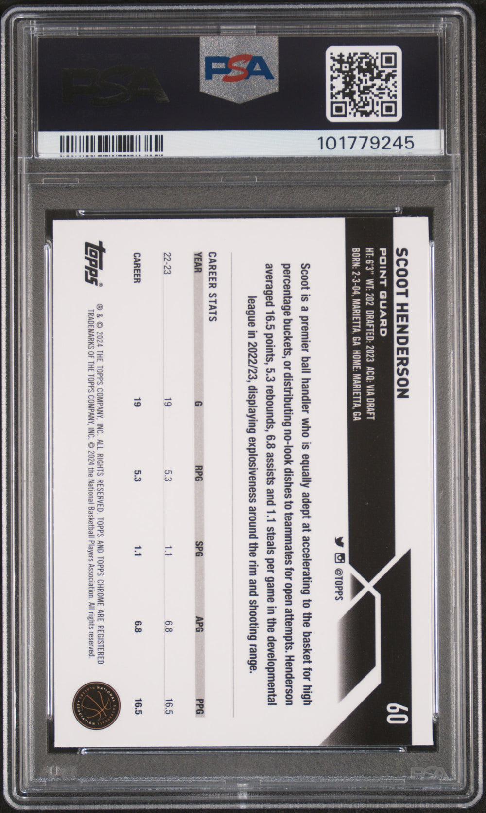 2023 Topps Chrome #60 Scoot Henderson Orange Bk Refractor PSA 9