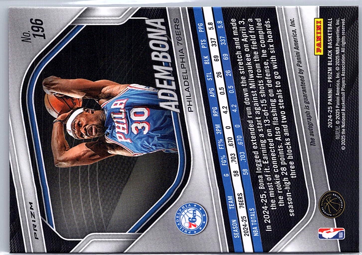 2024-25 Panini Prizm Black #196 Adem Bona Silver