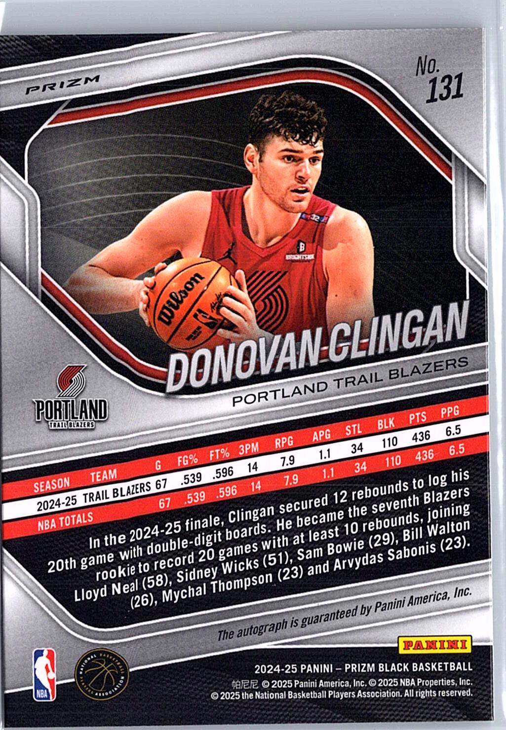 2024-25 Panini Prizm Black #131 Donovan Clingan Silver