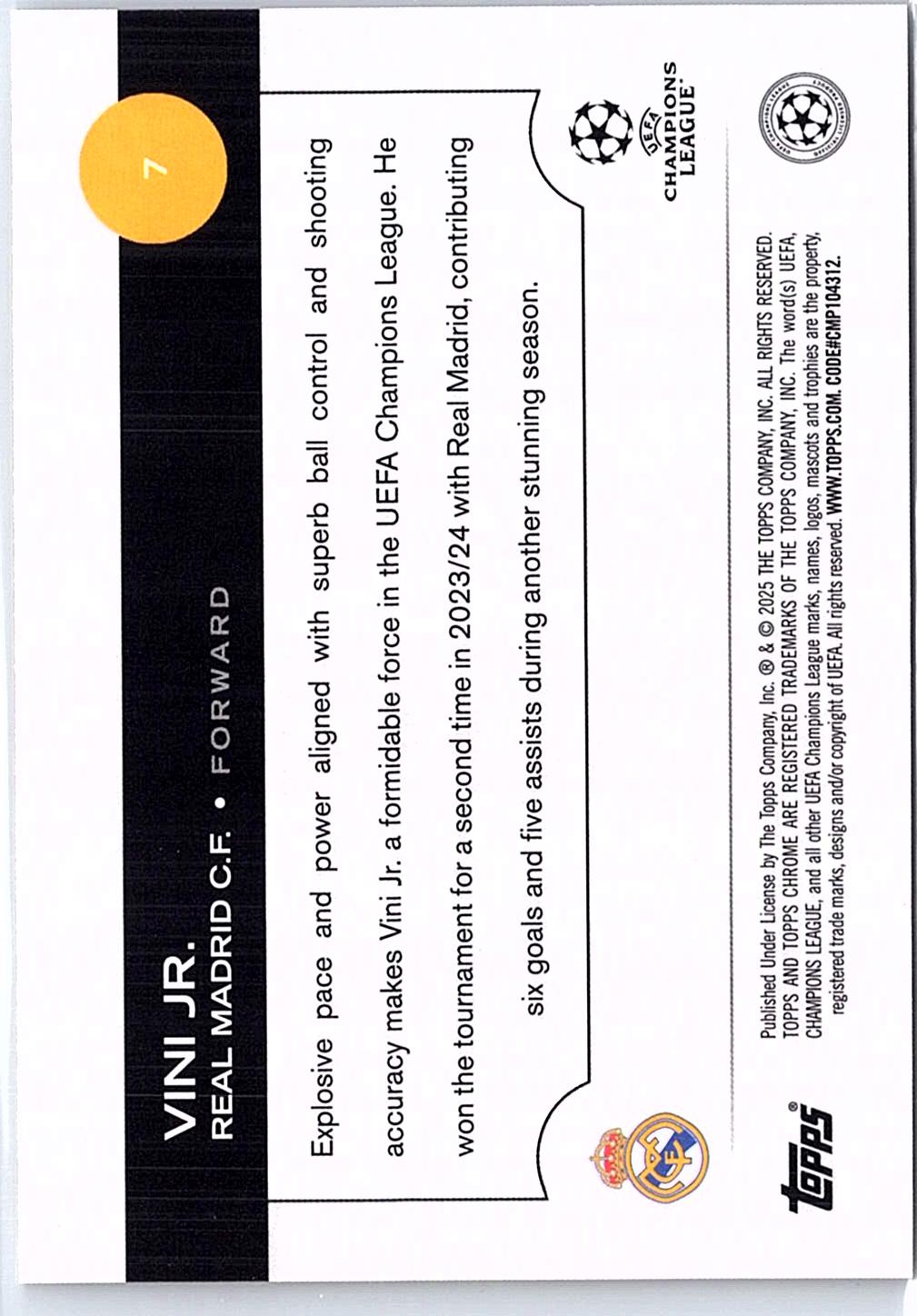 2024-25 Topps Chrome Logofractor Edition UEFA Champions League #7 Vini Jr. Gold Starball Refractor #/50