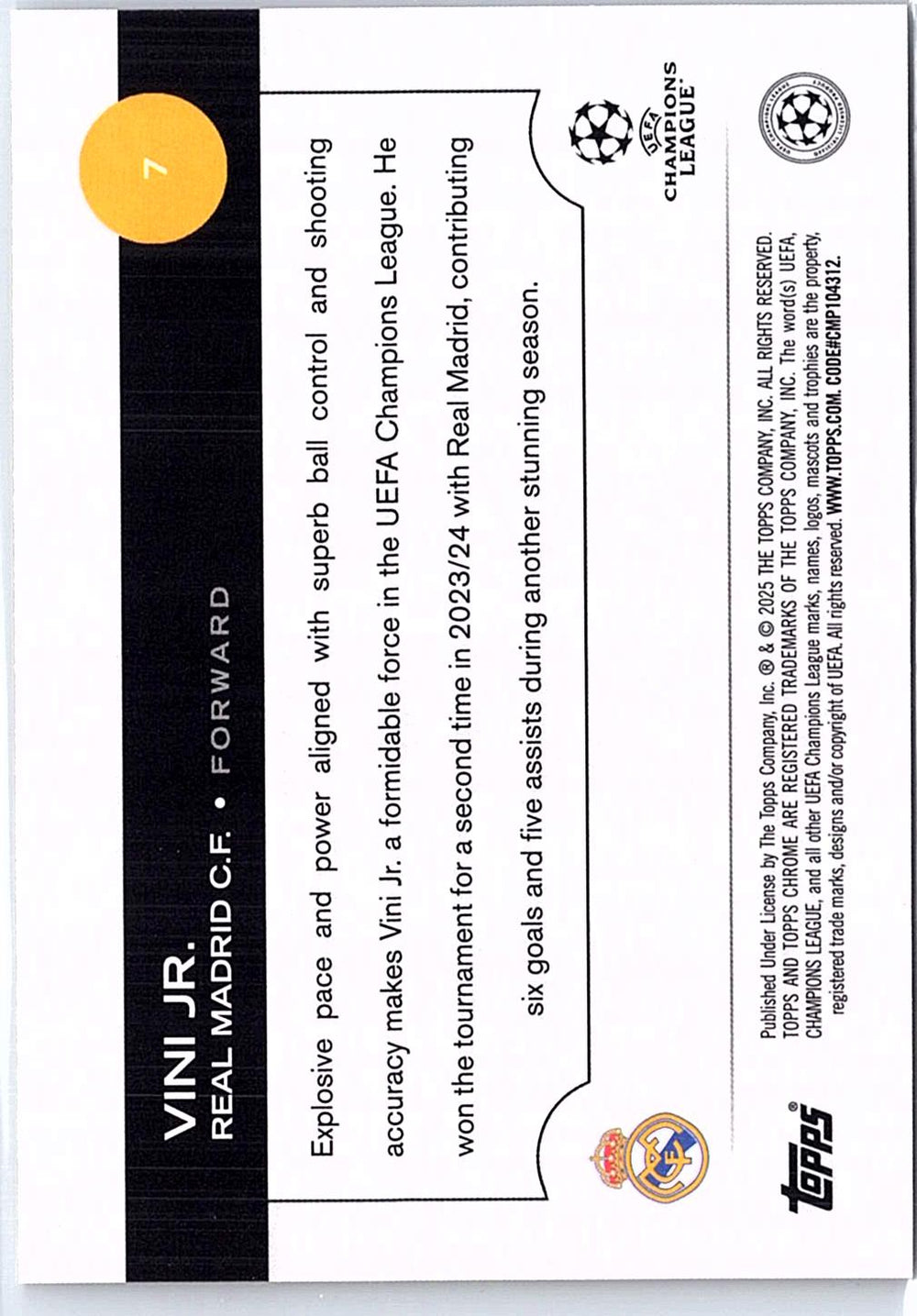 2024-25 Topps Chrome Logofractor Edition UEFA Champions League #7 Vini Jr. Gold Starball Refractor #/50