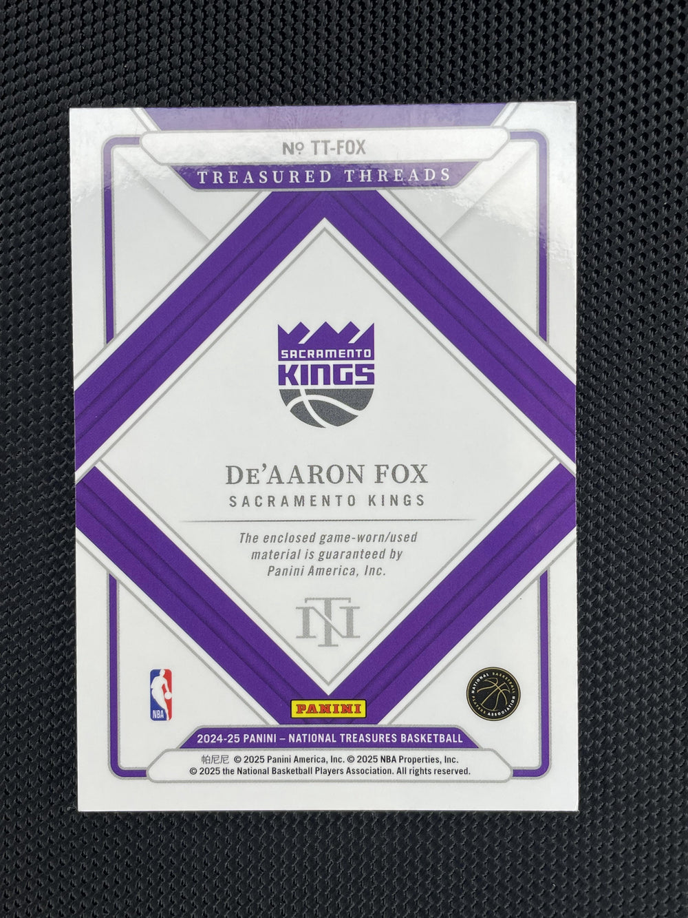 2024-25 Panini National Treasures #TT-FOX De'Aaron Fox Treasured Threads Prime #/25