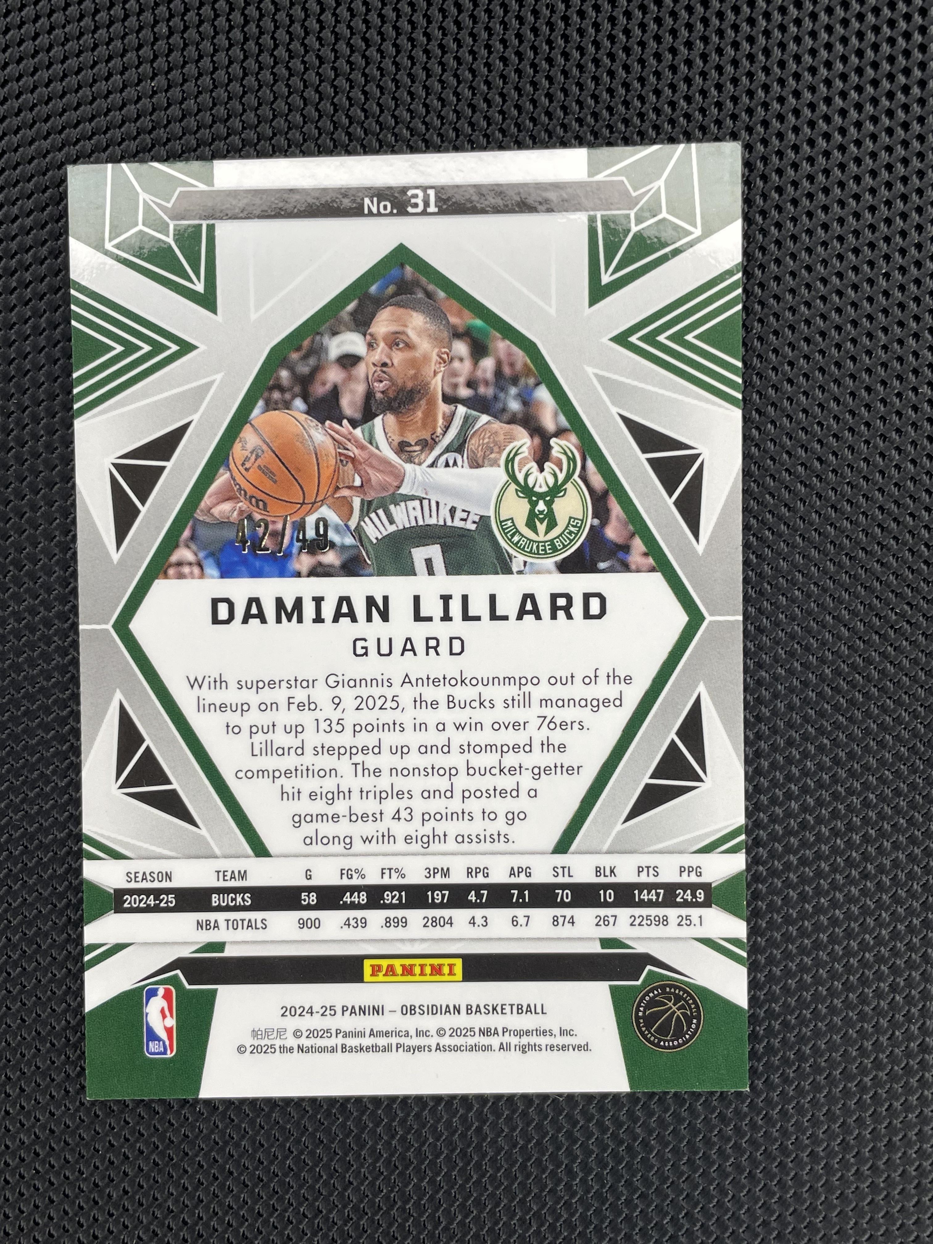 2024-25 Panini Obsidian #1 Damian Lillard Hotspot Electric Etch Pink Flood #/49