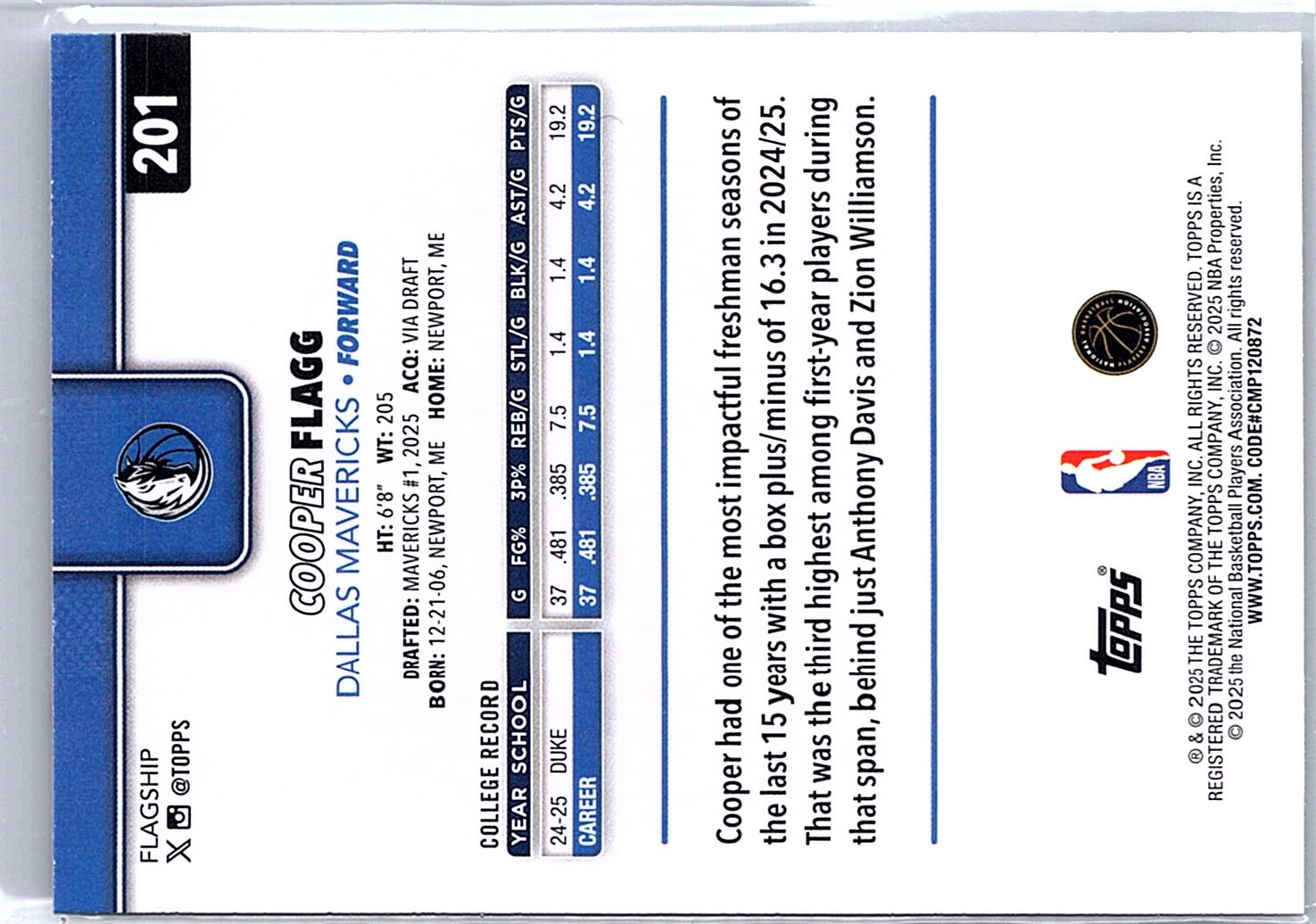 2025-26 Topps #201 Cooper Flagg RC