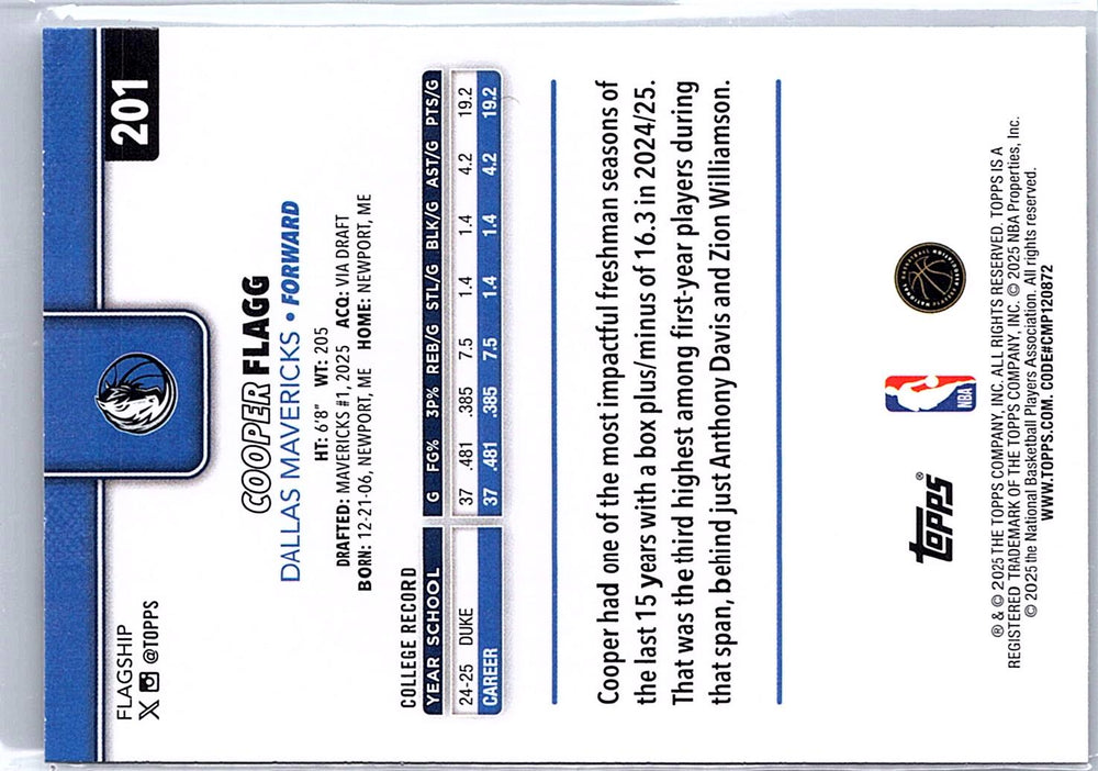 2025-26 Topps #201 Cooper Flagg RC