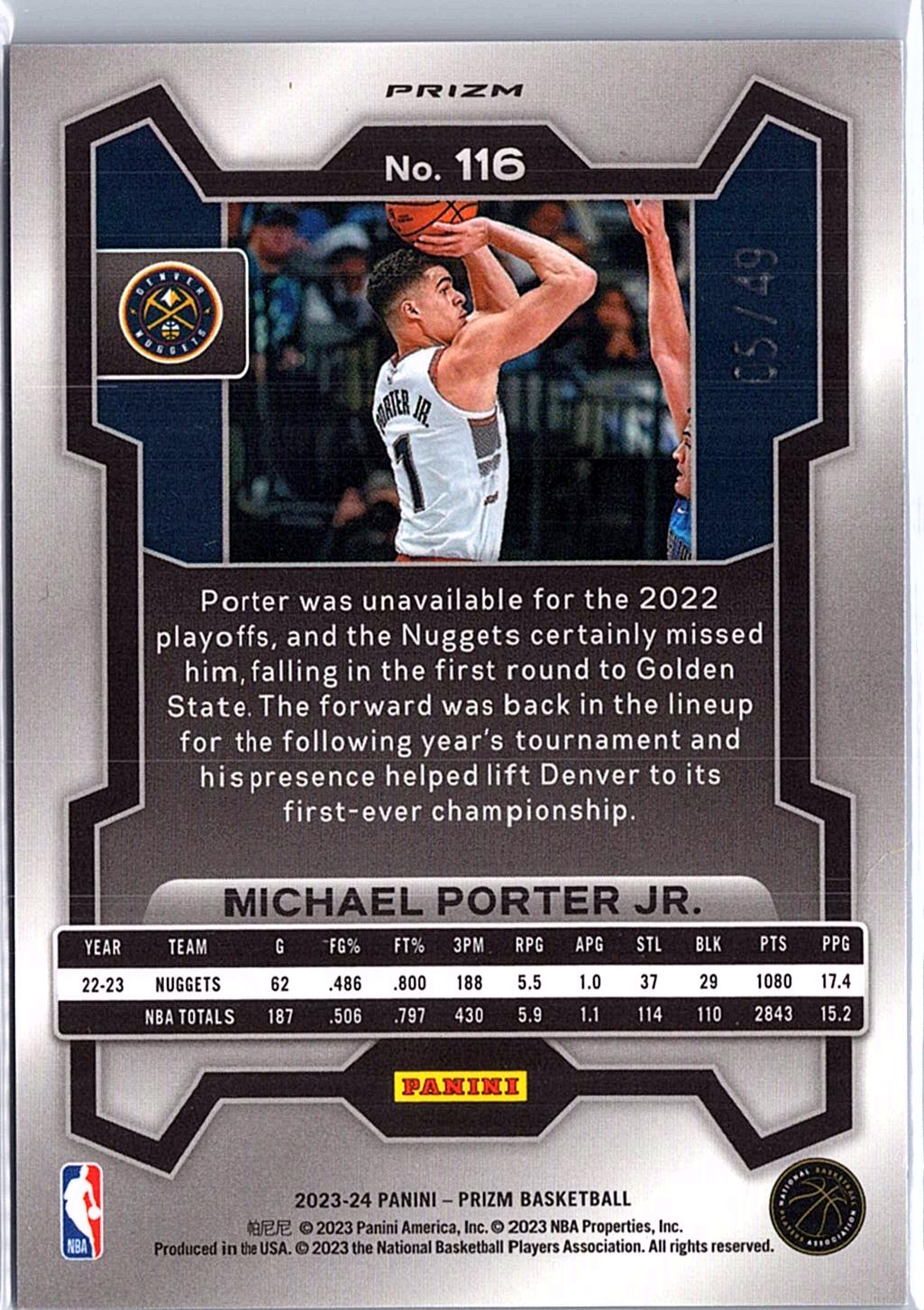 2023-24 Panini Prizm #116 Michael Porter Jr. Prizms Choice Blue #/49